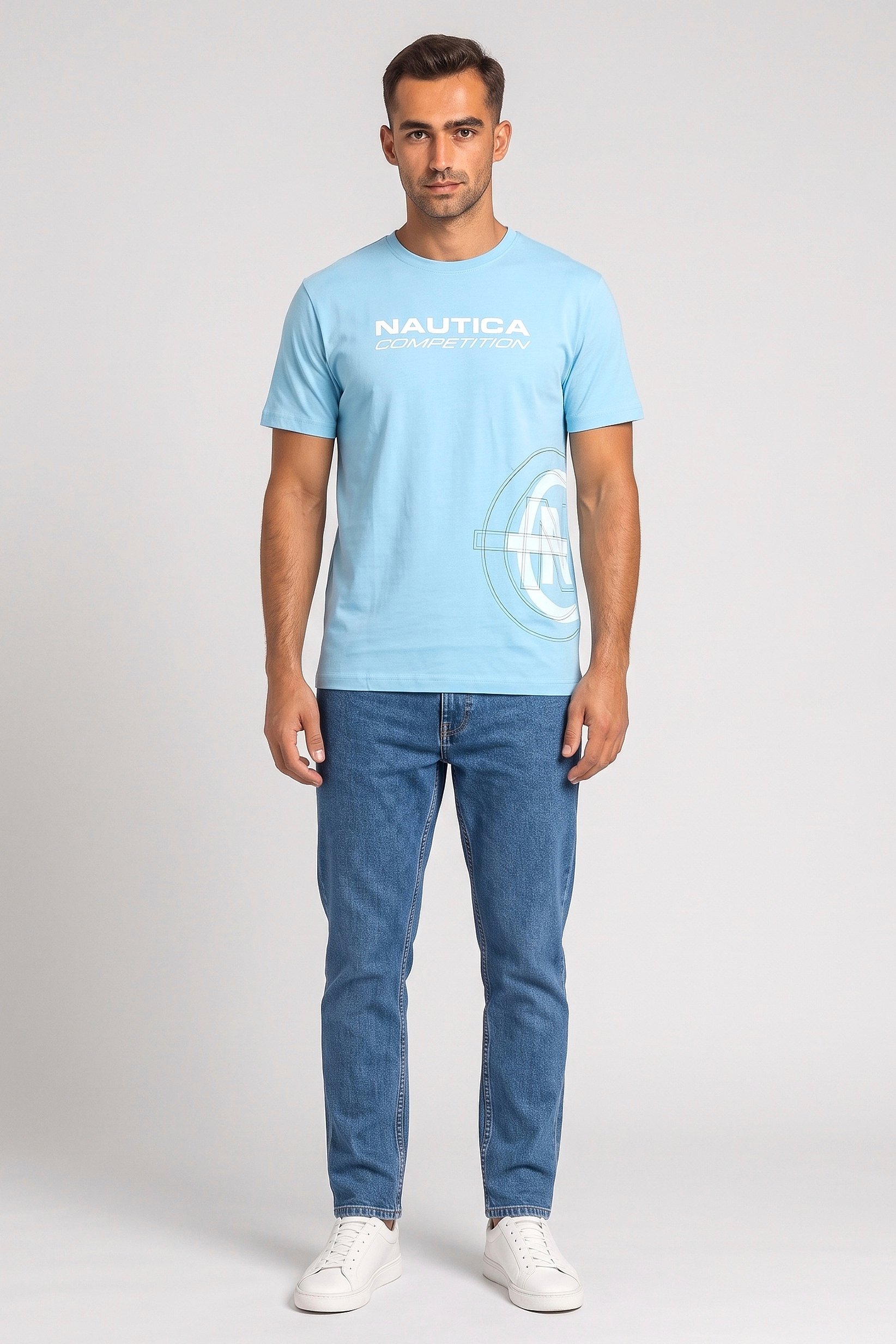 Men Crew Neck Short Sleeve Brand Logo T-Shirt, Blue