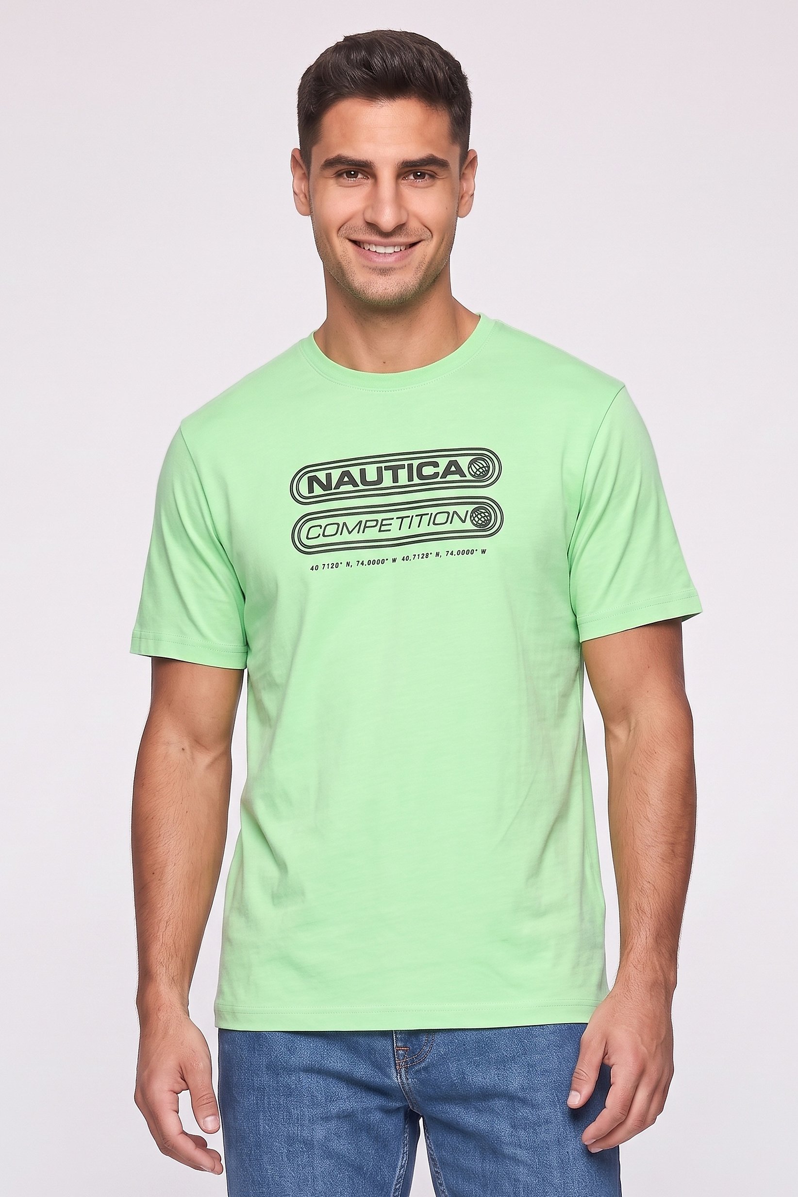 Men Crew Neck Short Sleeve Brand Logo T-Shirt, Light Green