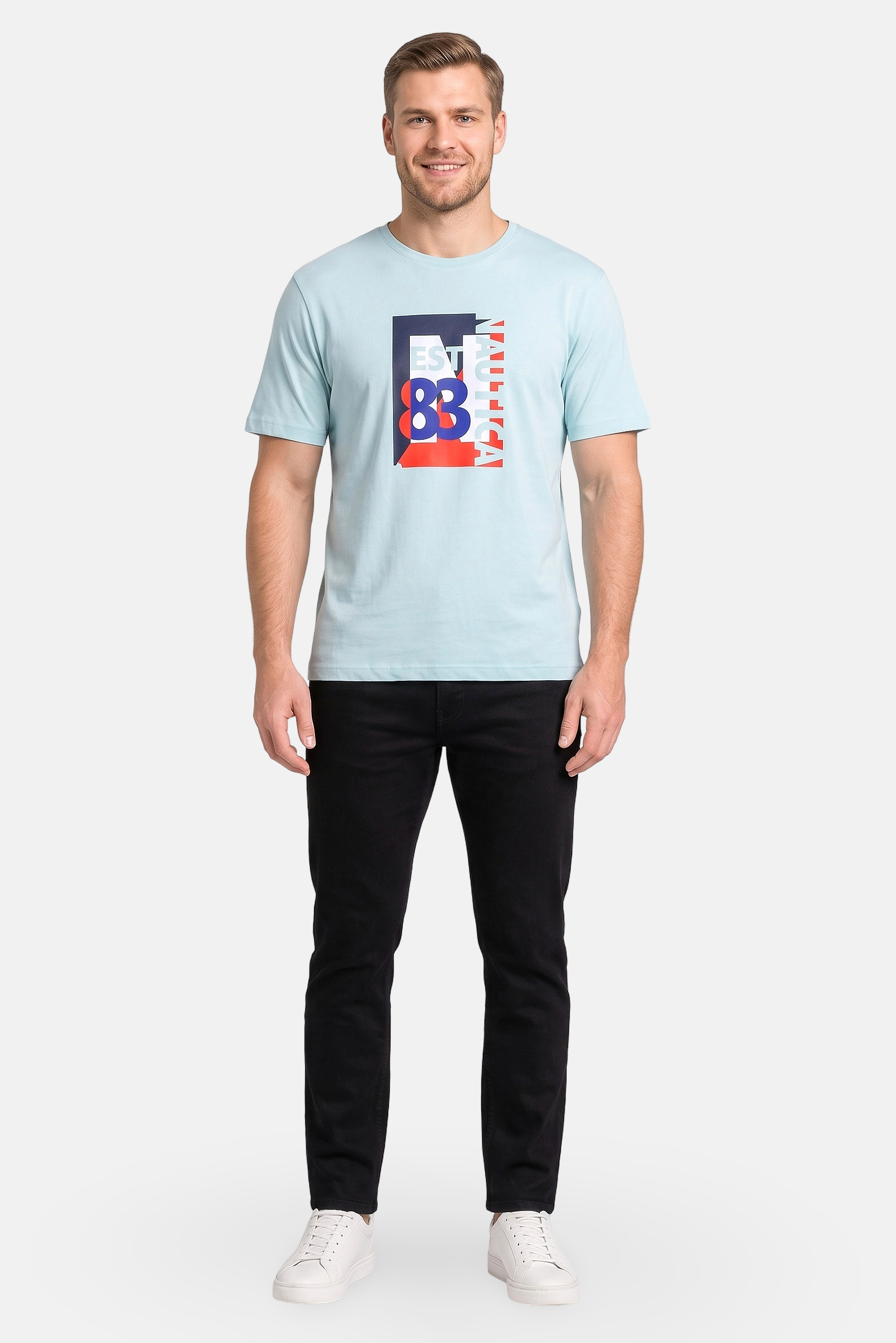 Men Crew Neck Short Sleeve Graphic Print T-Shirt, Pale Turquoise
