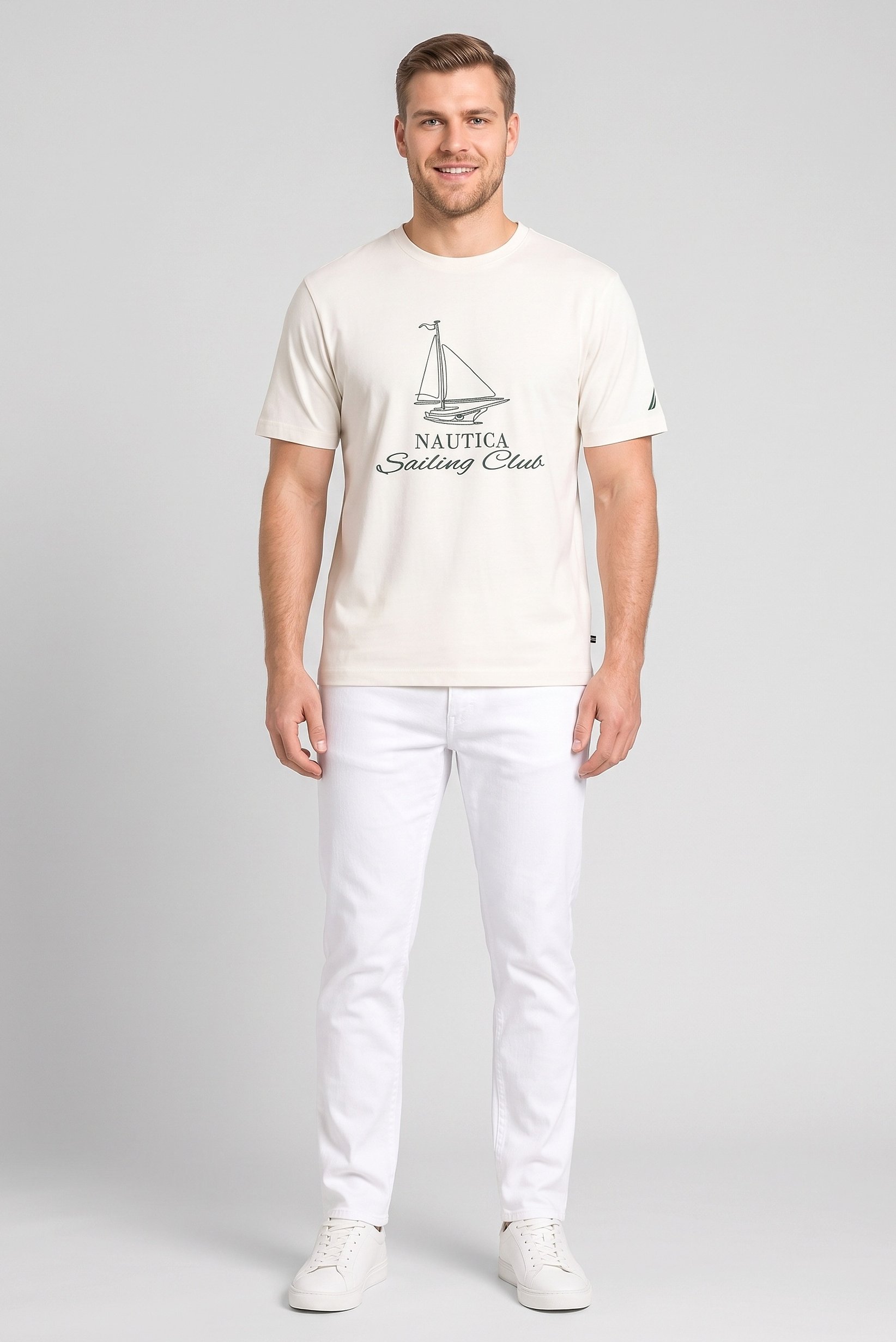 Men Crew Neck Short Sleeve Graphic Print T-Shirt, Cream