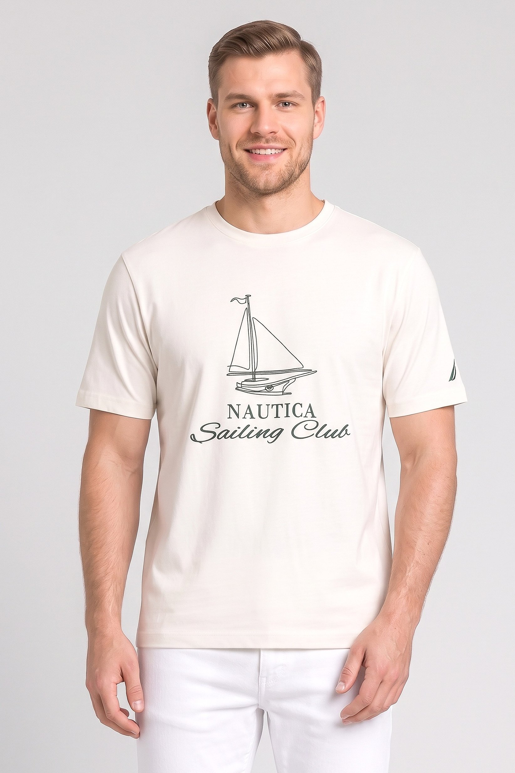 Men Crew Neck Short Sleeve Graphic Print T-Shirt, Cream