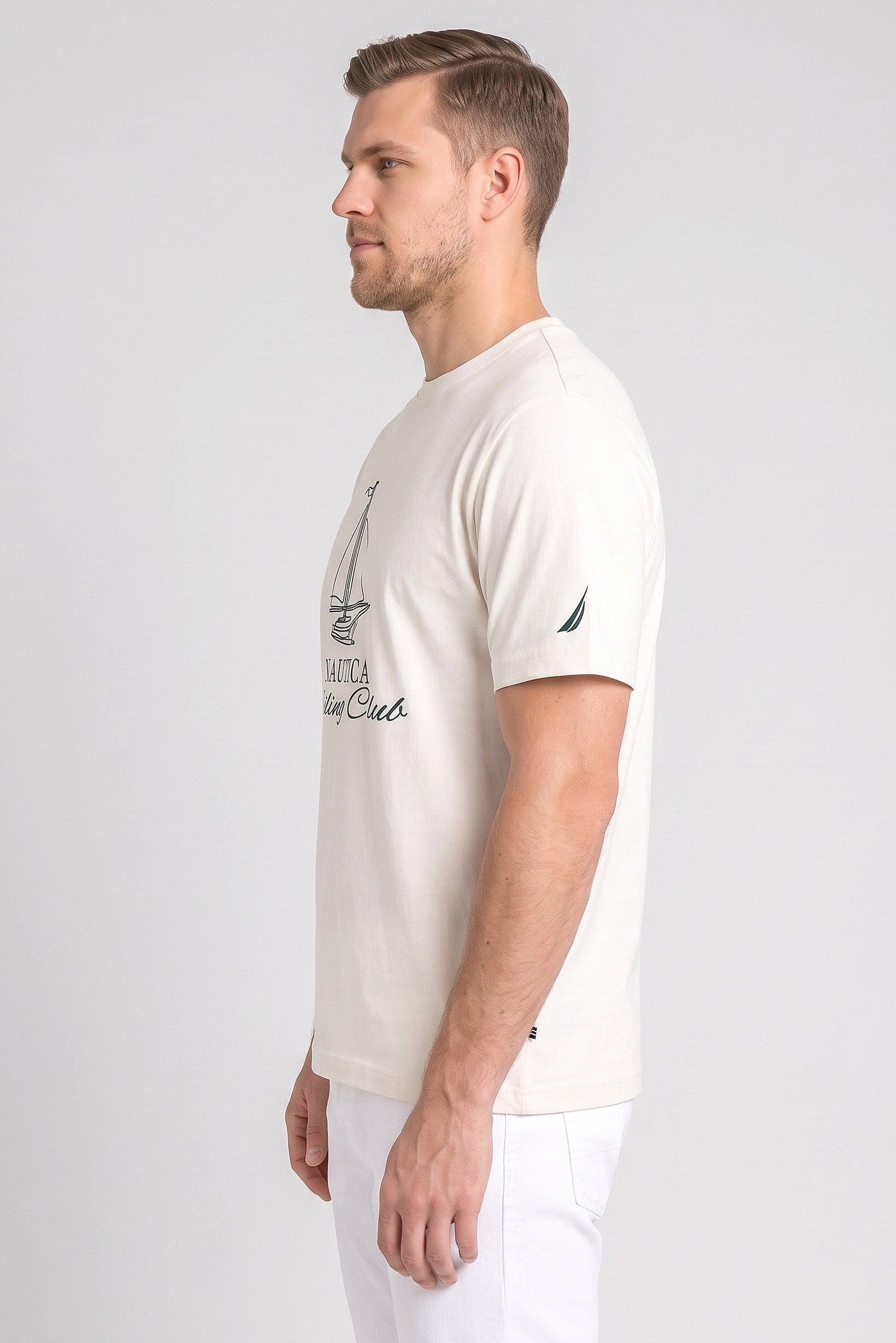 Men Crew Neck Short Sleeve Graphic Print T-Shirt, Cream