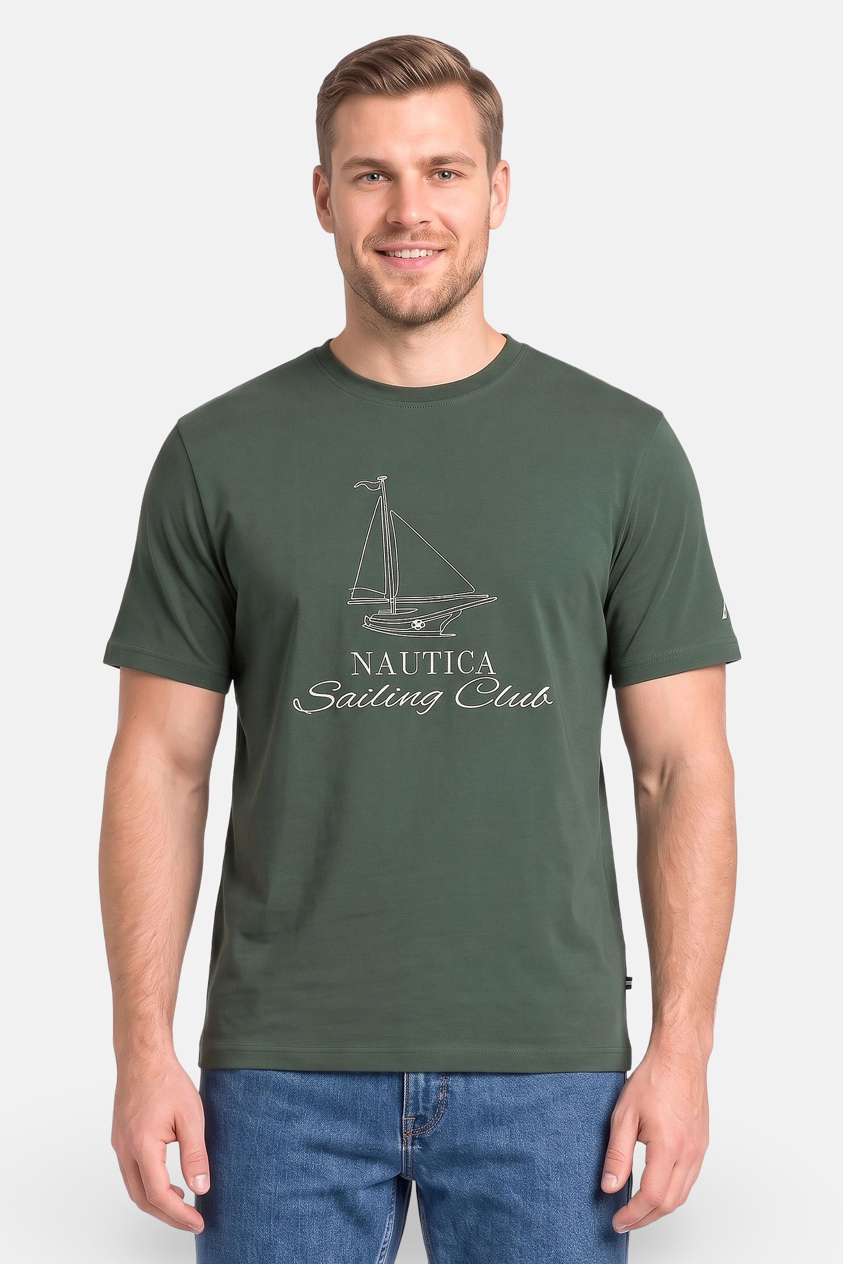 Men Crew Neck Short Sleeve Embroidered Logo T-Shirt, Dark Green