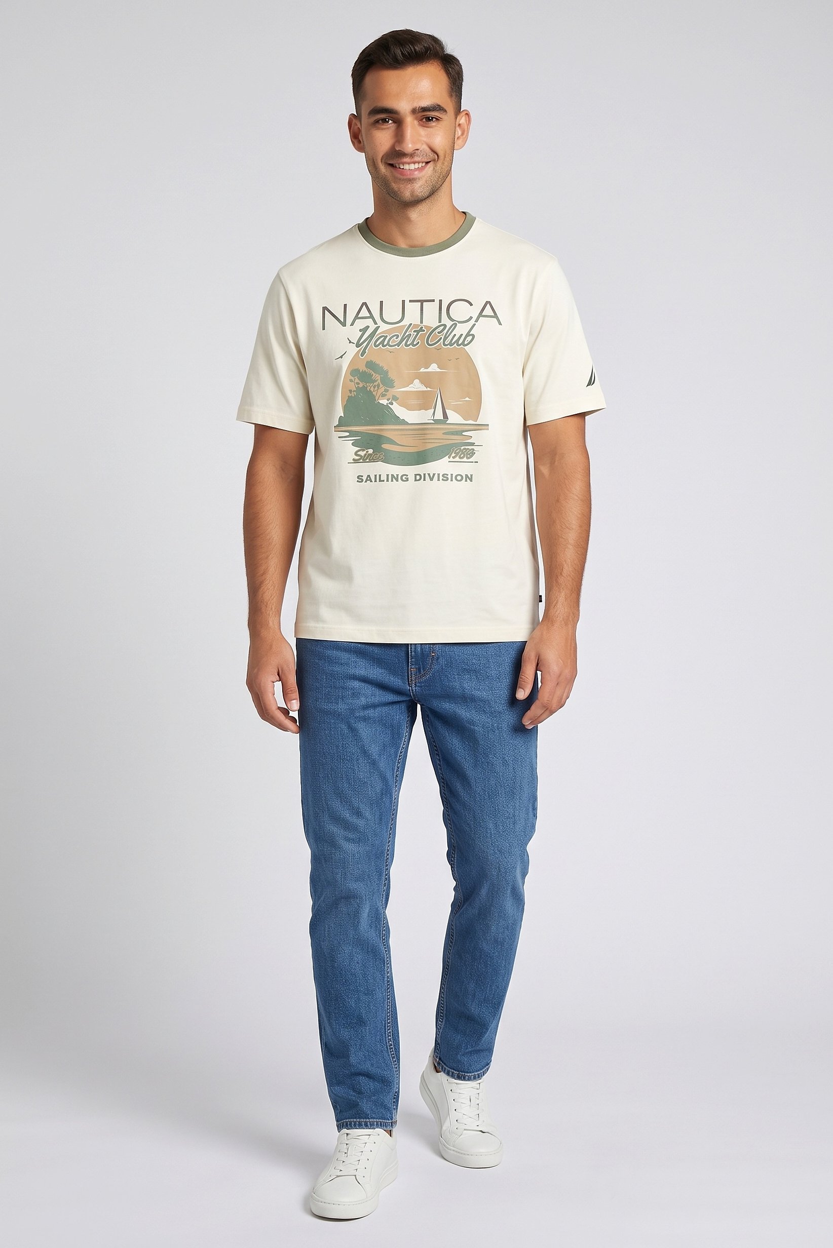 Men Crew Neck Short Sleeve Graphic Print T-Shirt, Ivory