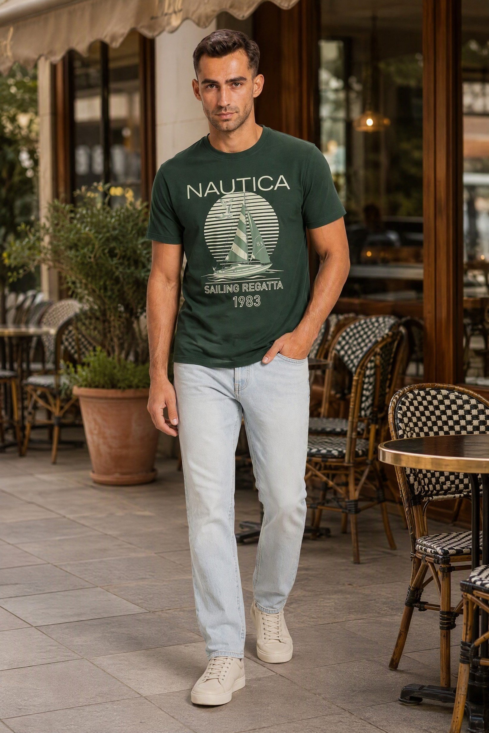 Men Crew Neck Short Sleeve Graphic Print T-Shirt, Green