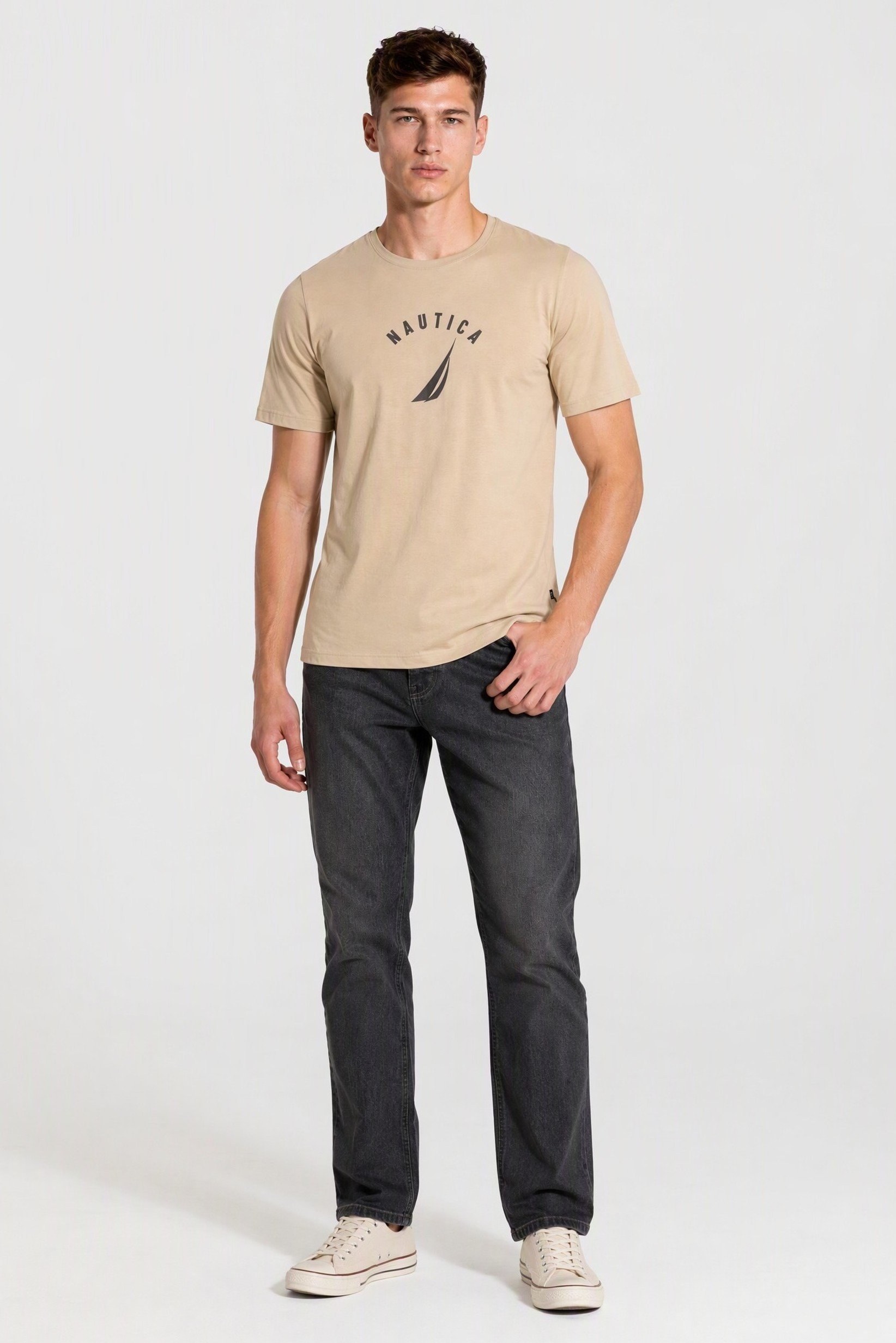 Men Crew Neck Short Sleeve Brand Logo T-Shirt, Beige