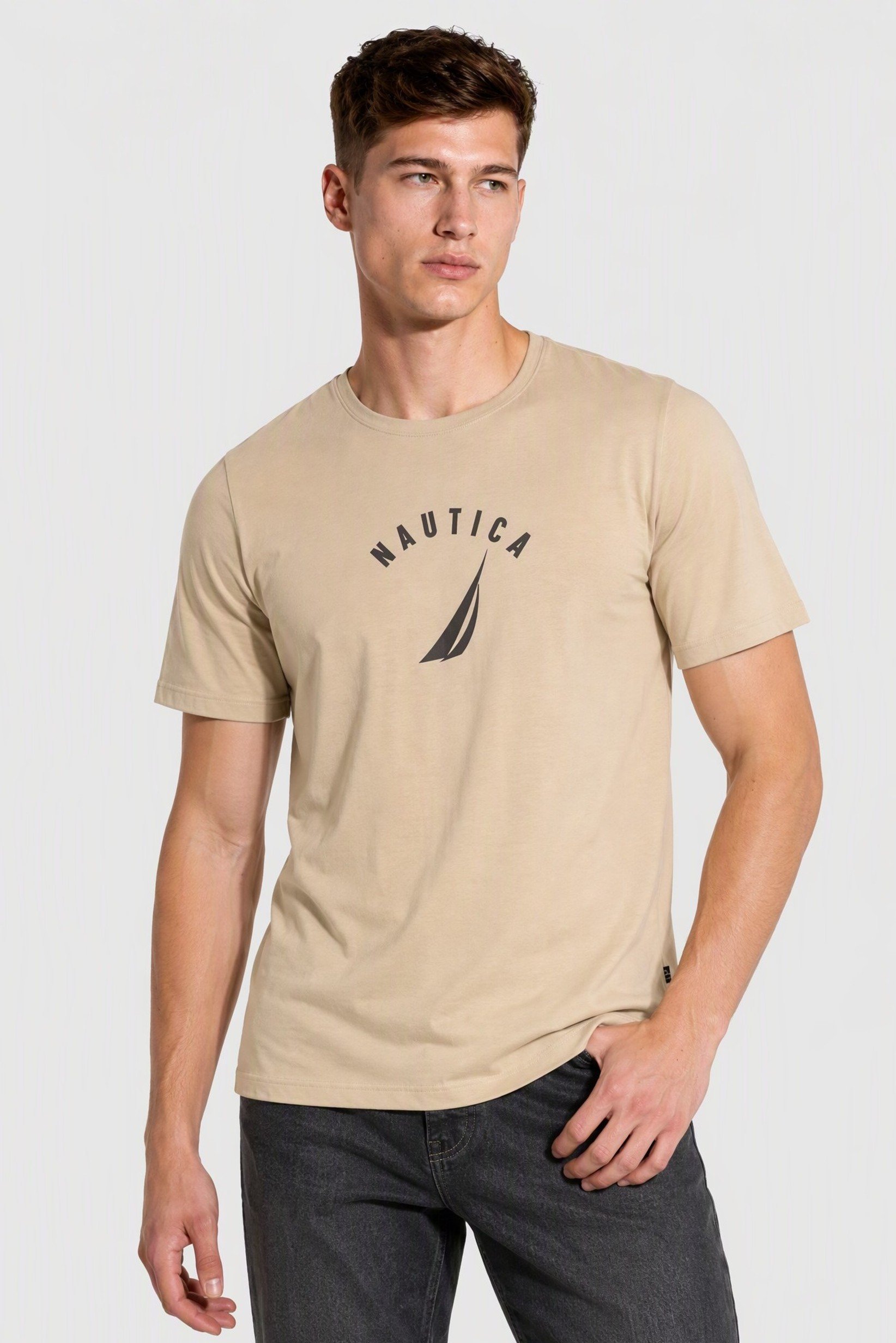 Men Crew Neck Short Sleeve Brand Logo T-Shirt, Beige