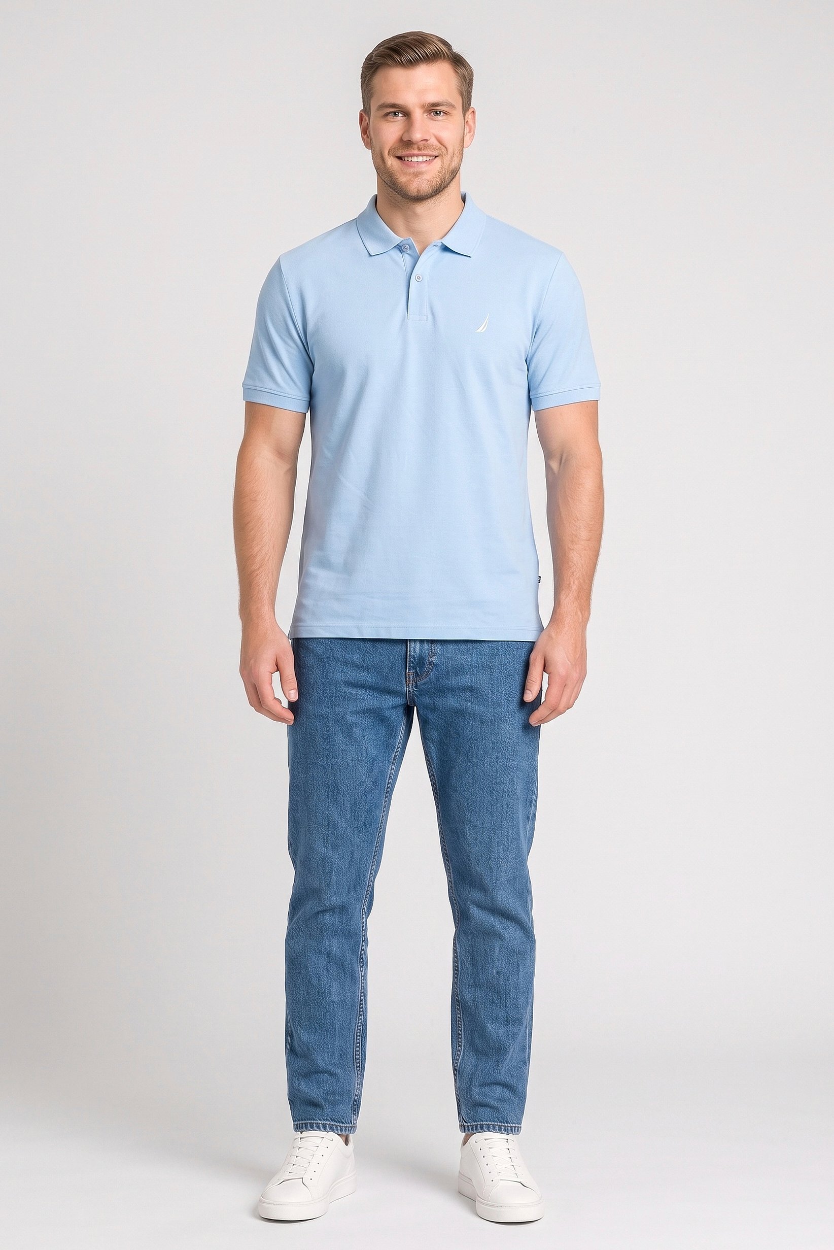 Men Classic Fit Embroidered Logo Short Sleeve Polo Shirt, Light Blue