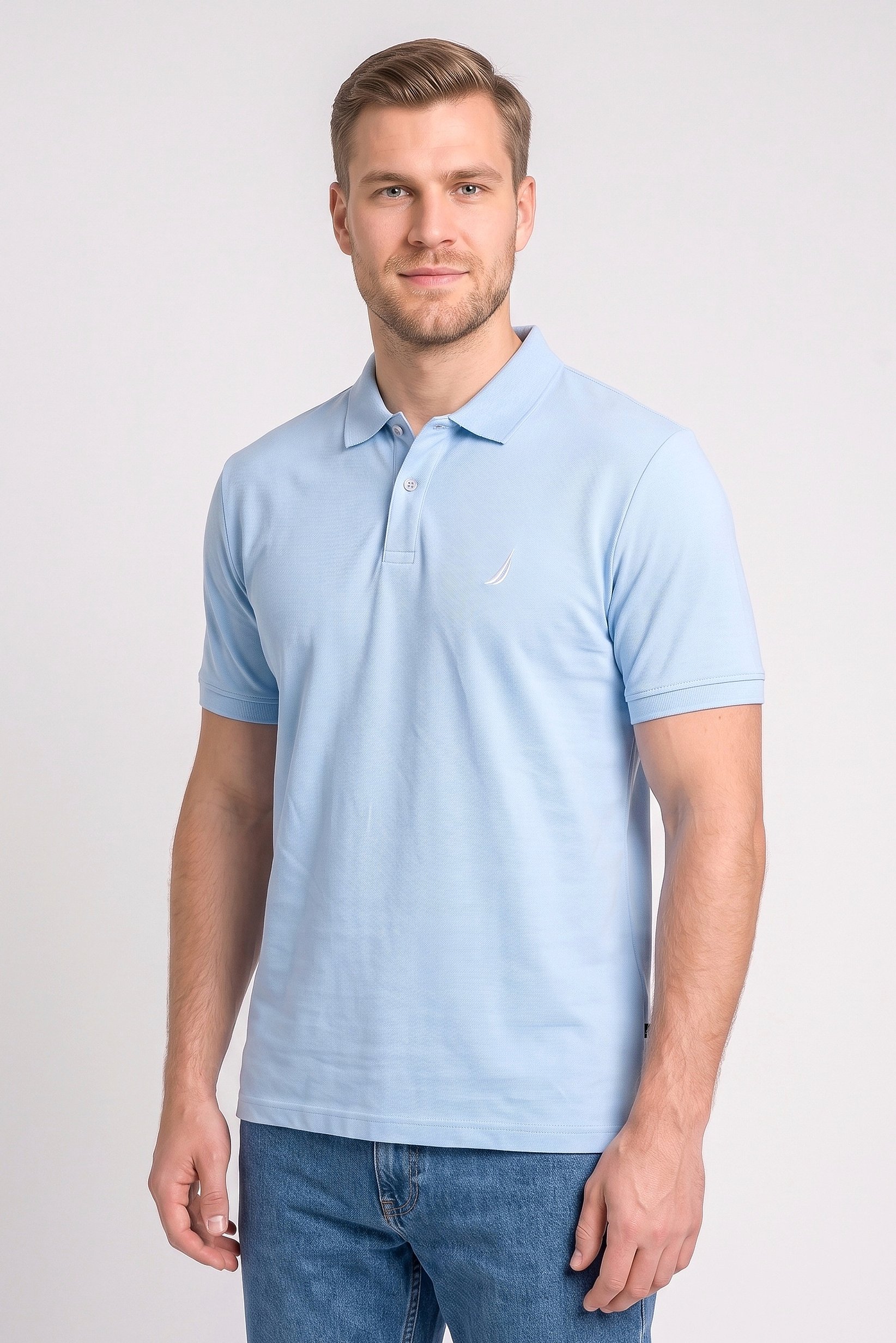 Men Classic Fit Embroidered Logo Short Sleeve Polo Shirt, Light Blue
