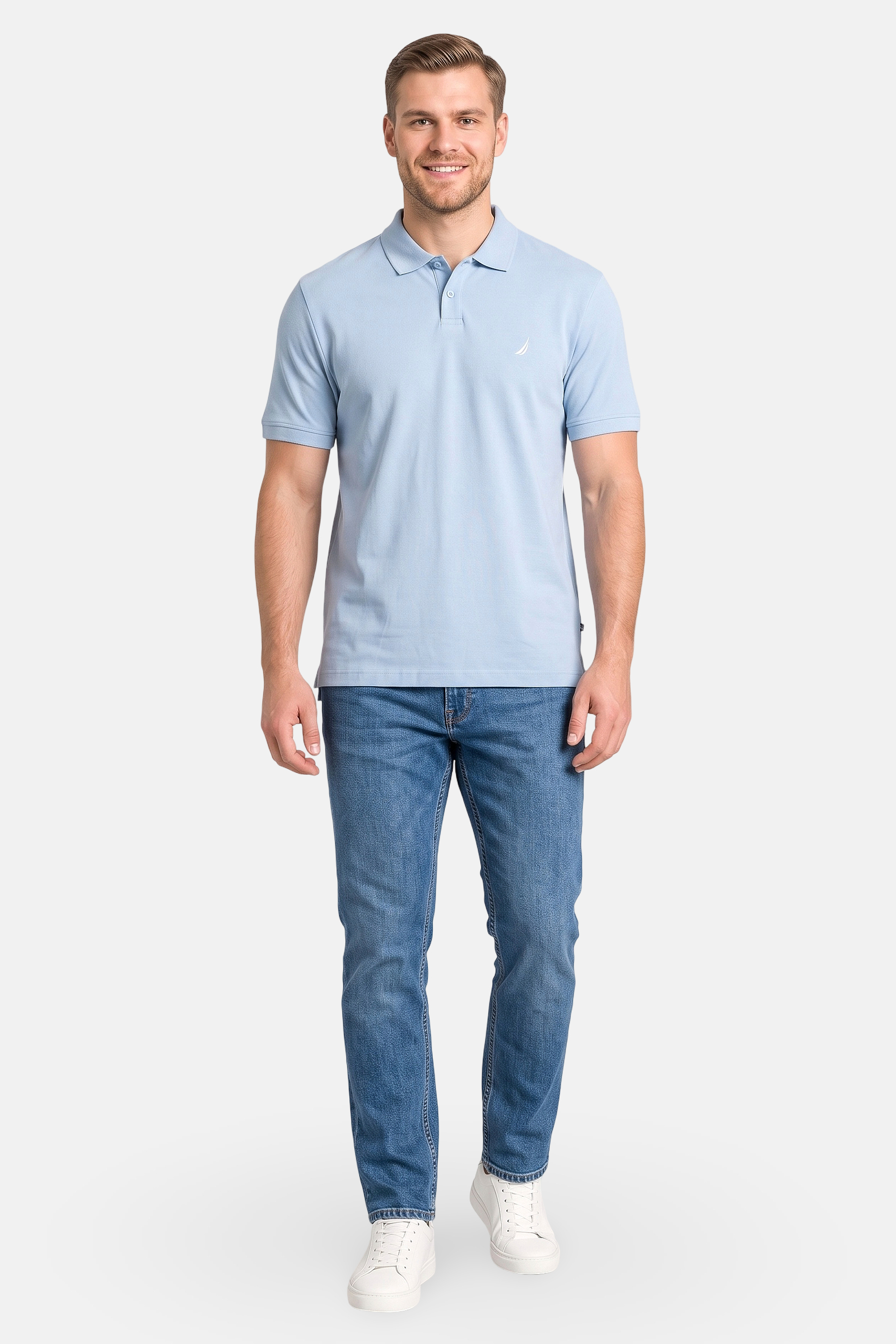 Men Classic Fit Embroidered Logo Short Sleeve Polo Shirt, Sky Blue