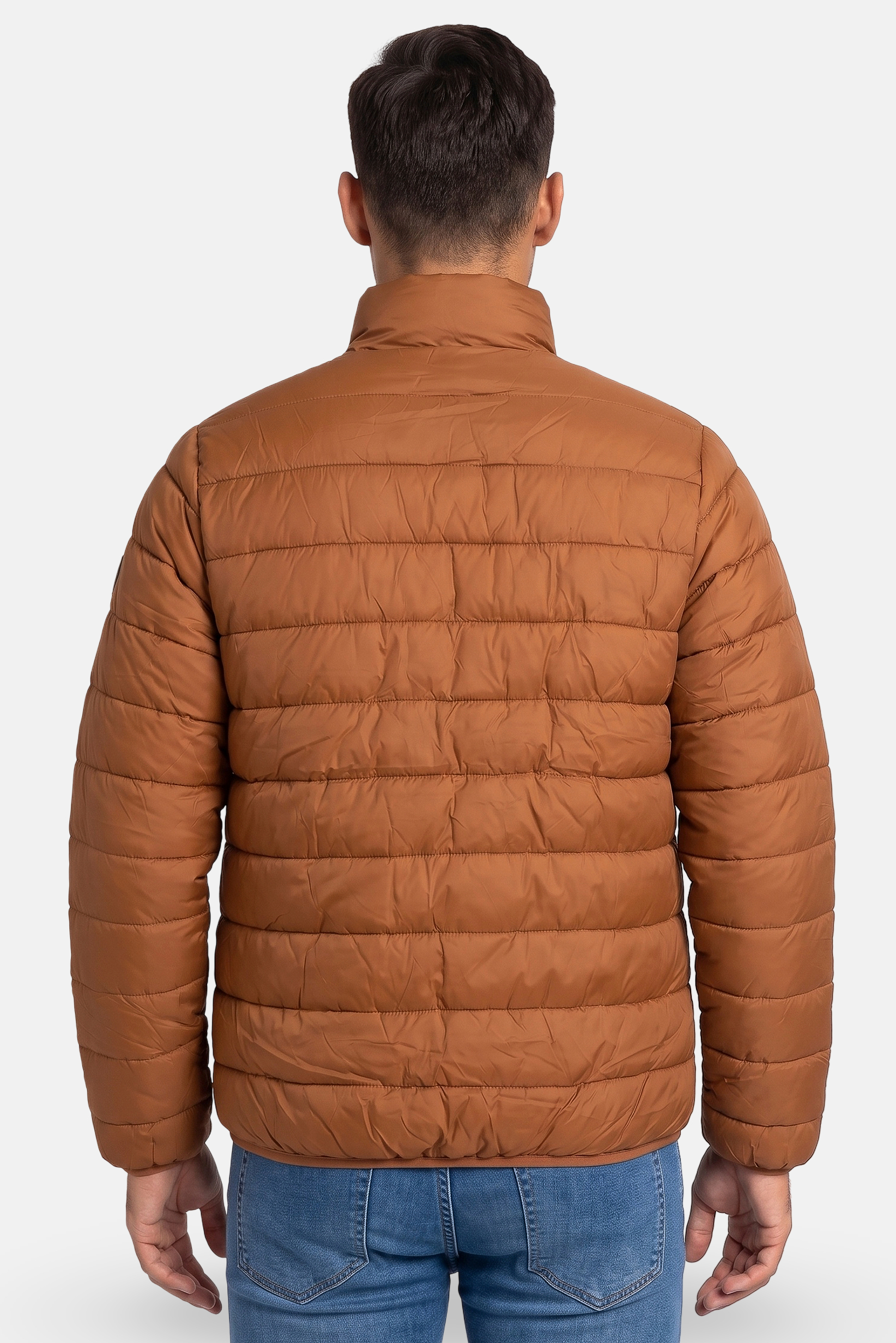 Men Brand Logo Long Sleeve Puffer Jacket, Brown