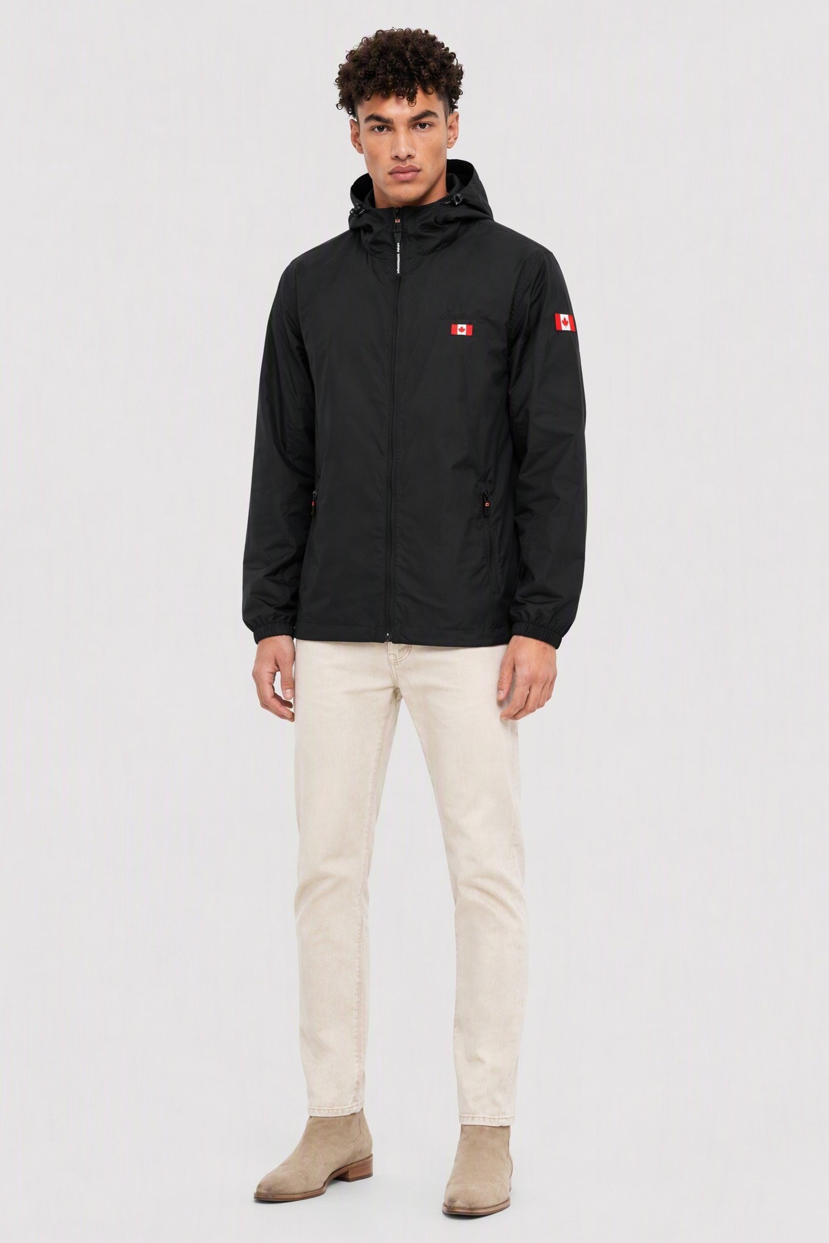 Men Embroidered Logo Windbreaker Full Zip Jacket, Black