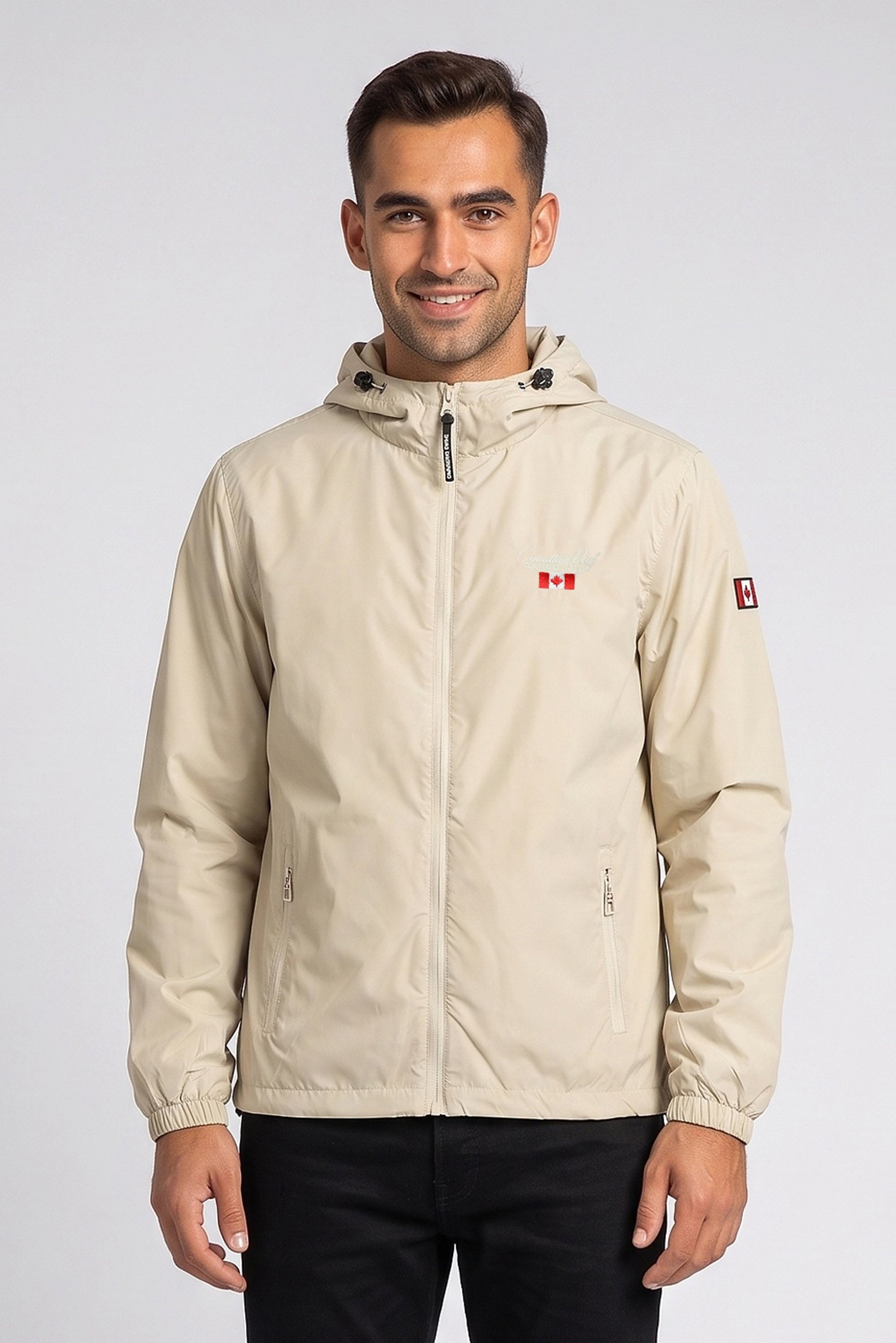 Men Hooded Windbreaker Full Zip Jacket, Beige
