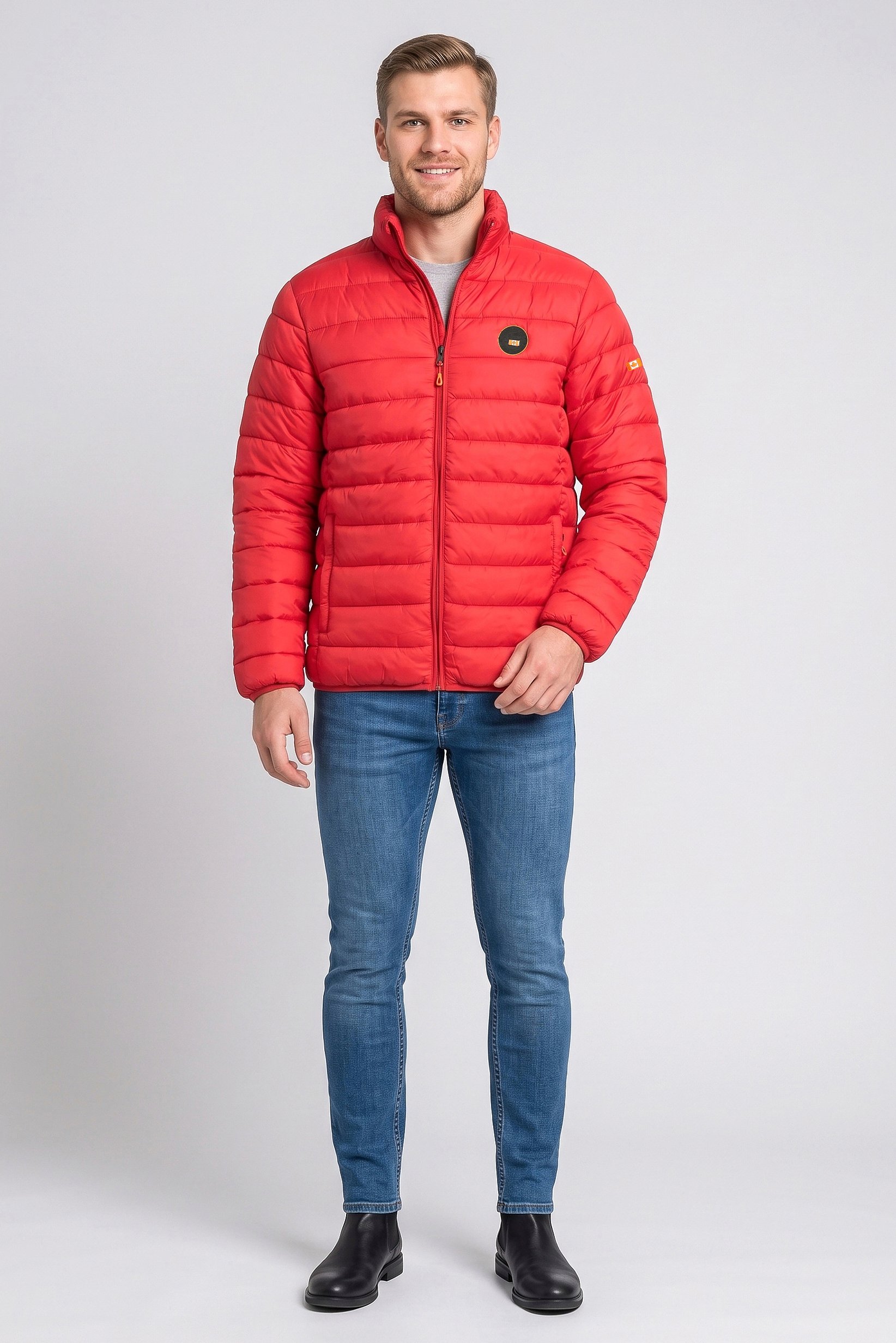 Men Brand Logo Long Sleeve Puffer Jacket, Red