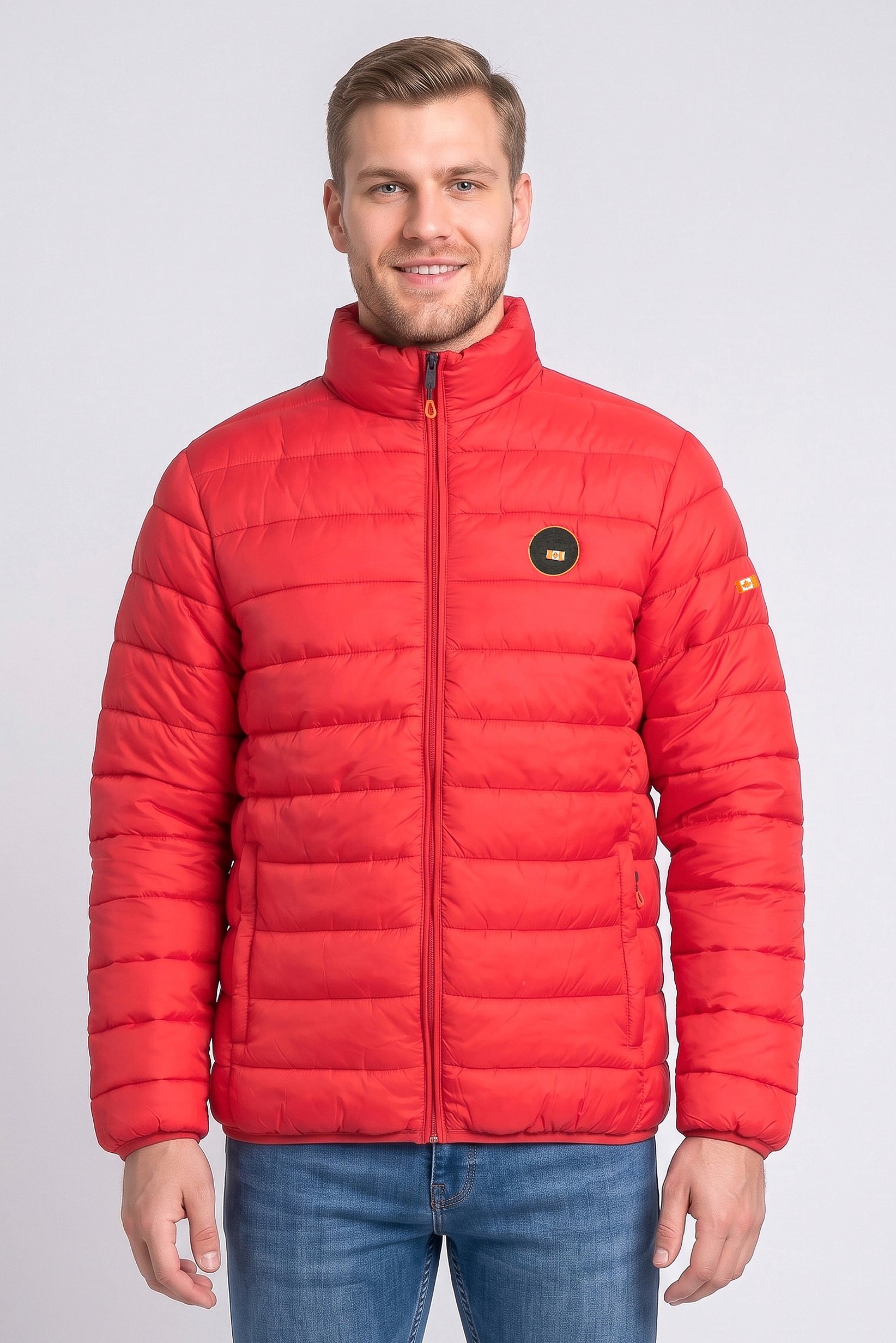Men Brand Logo Long Sleeve Puffer Jacket, Red
