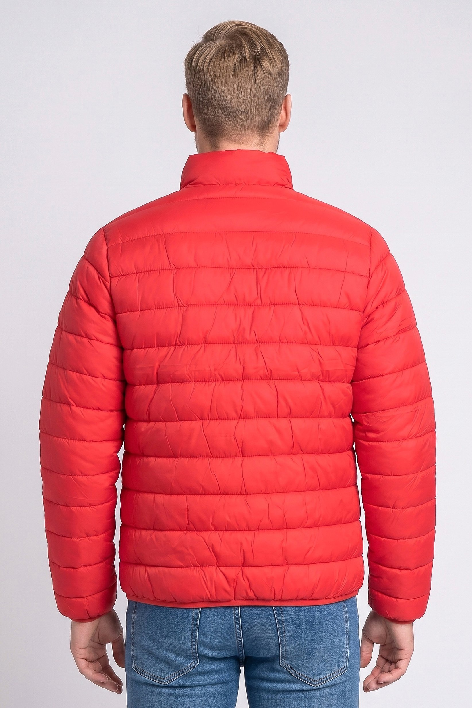 Men Brand Logo Long Sleeve Puffer Jacket, Red