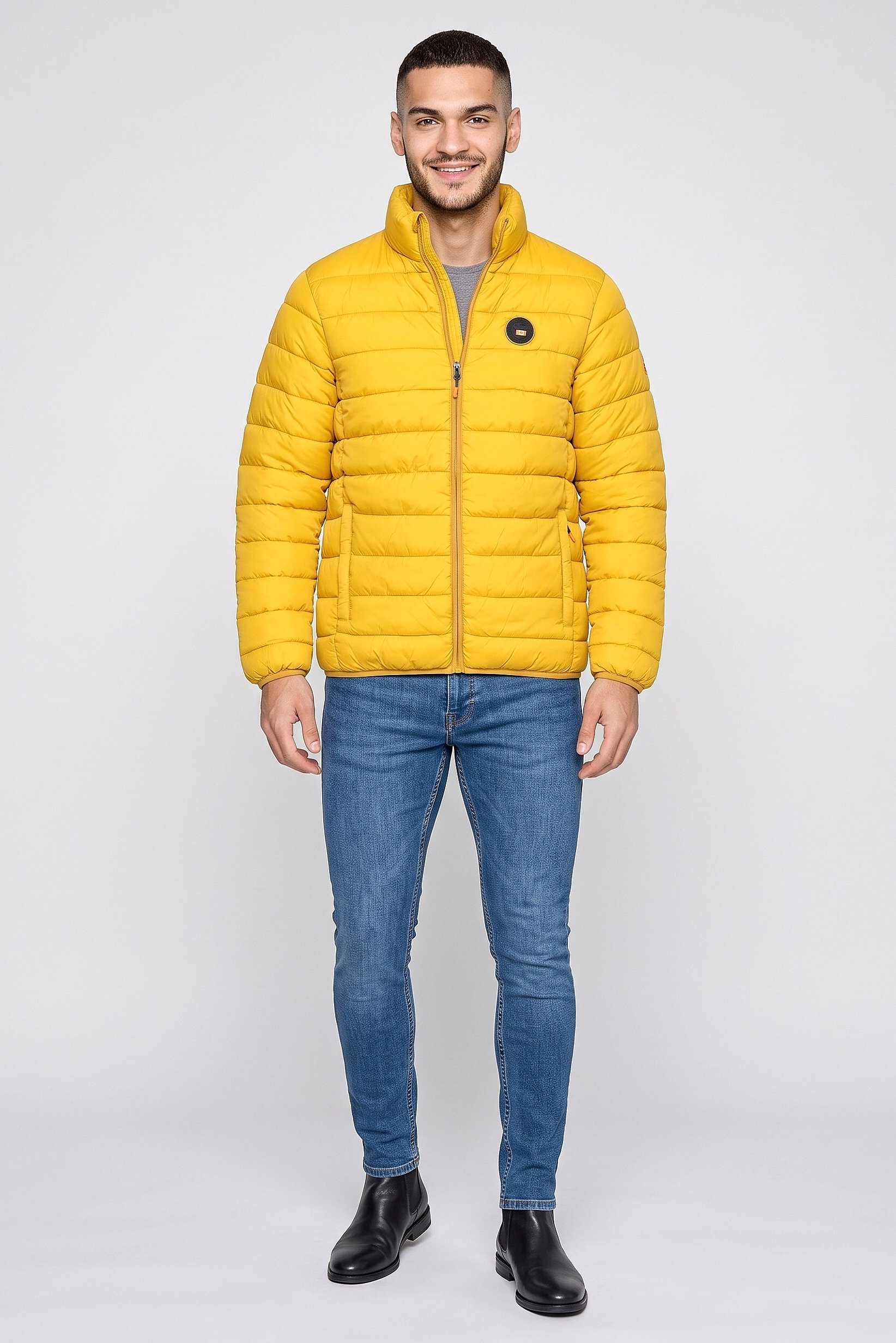 Men Brand Logo Long Sleeve Puffer Jacket, Mustard