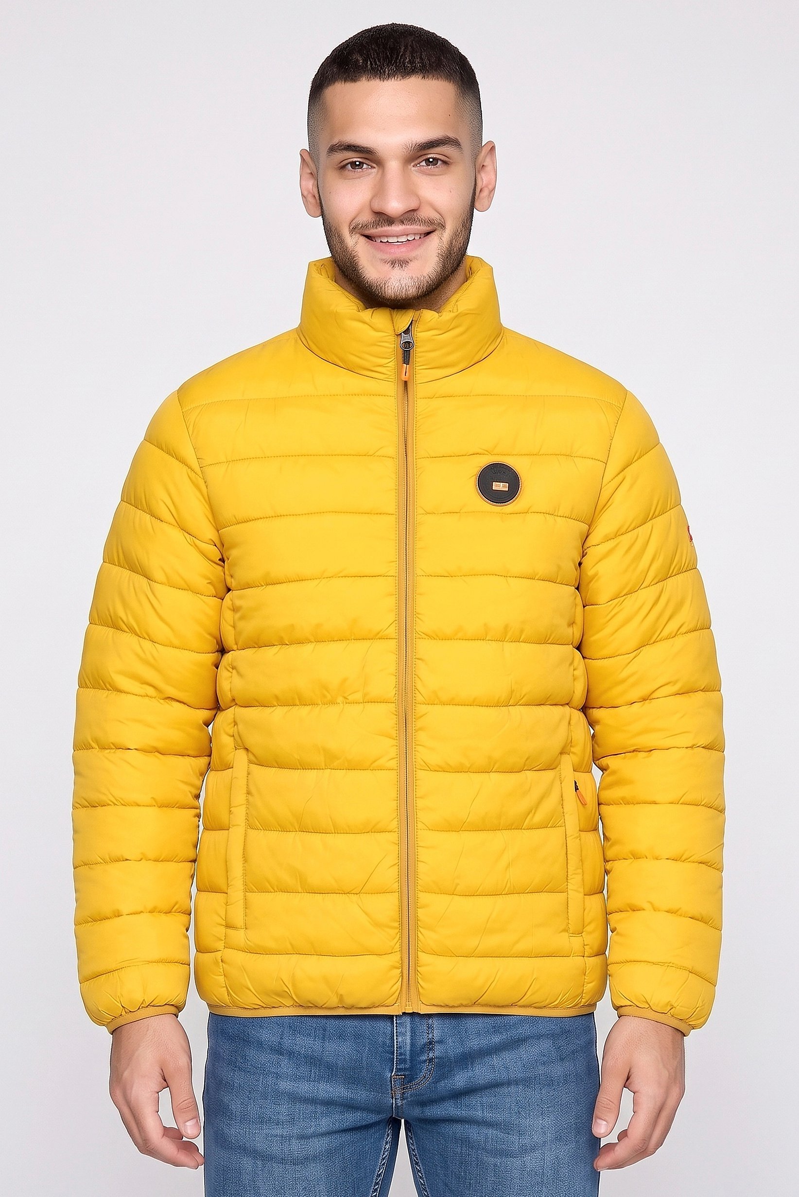 Men Brand Logo Long Sleeve Puffer Jacket, Mustard