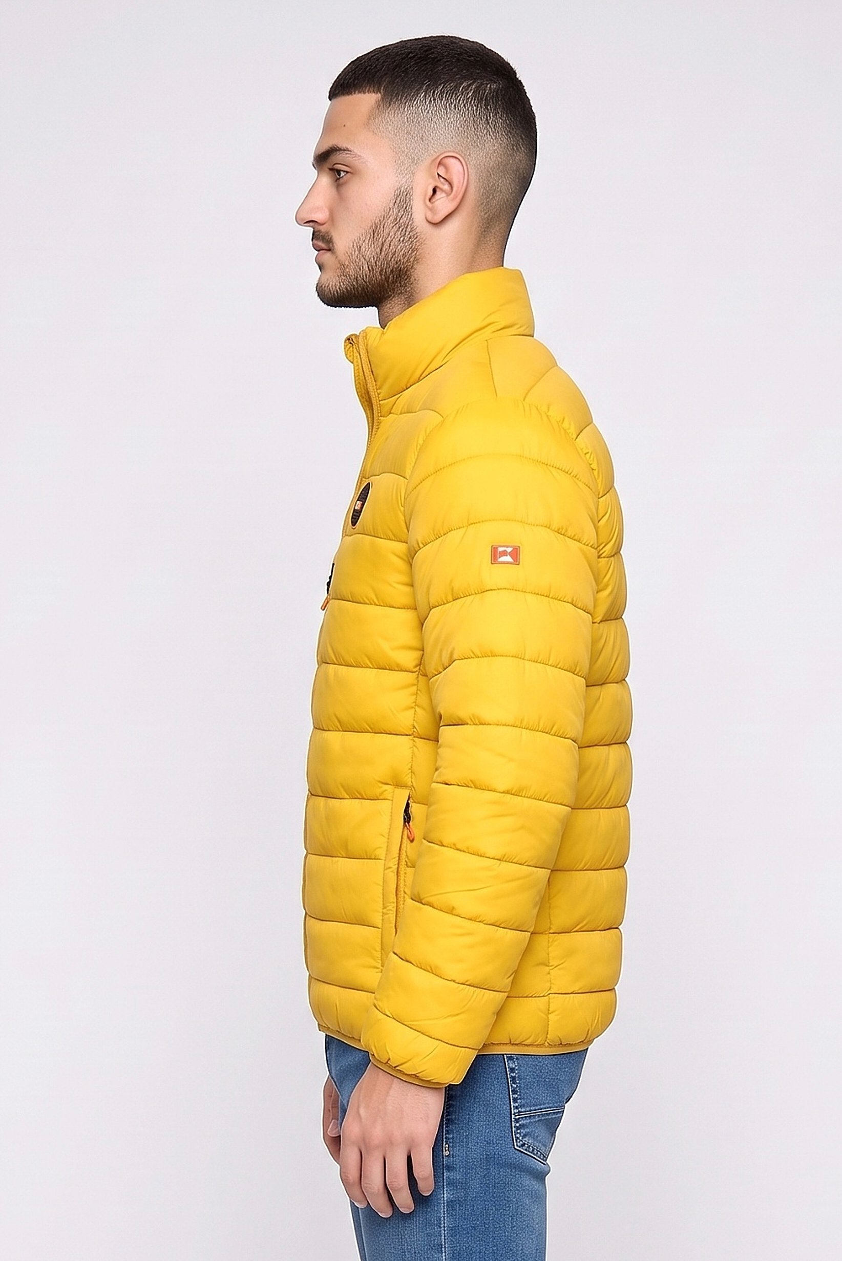 Men Brand Logo Long Sleeve Puffer Jacket, Mustard