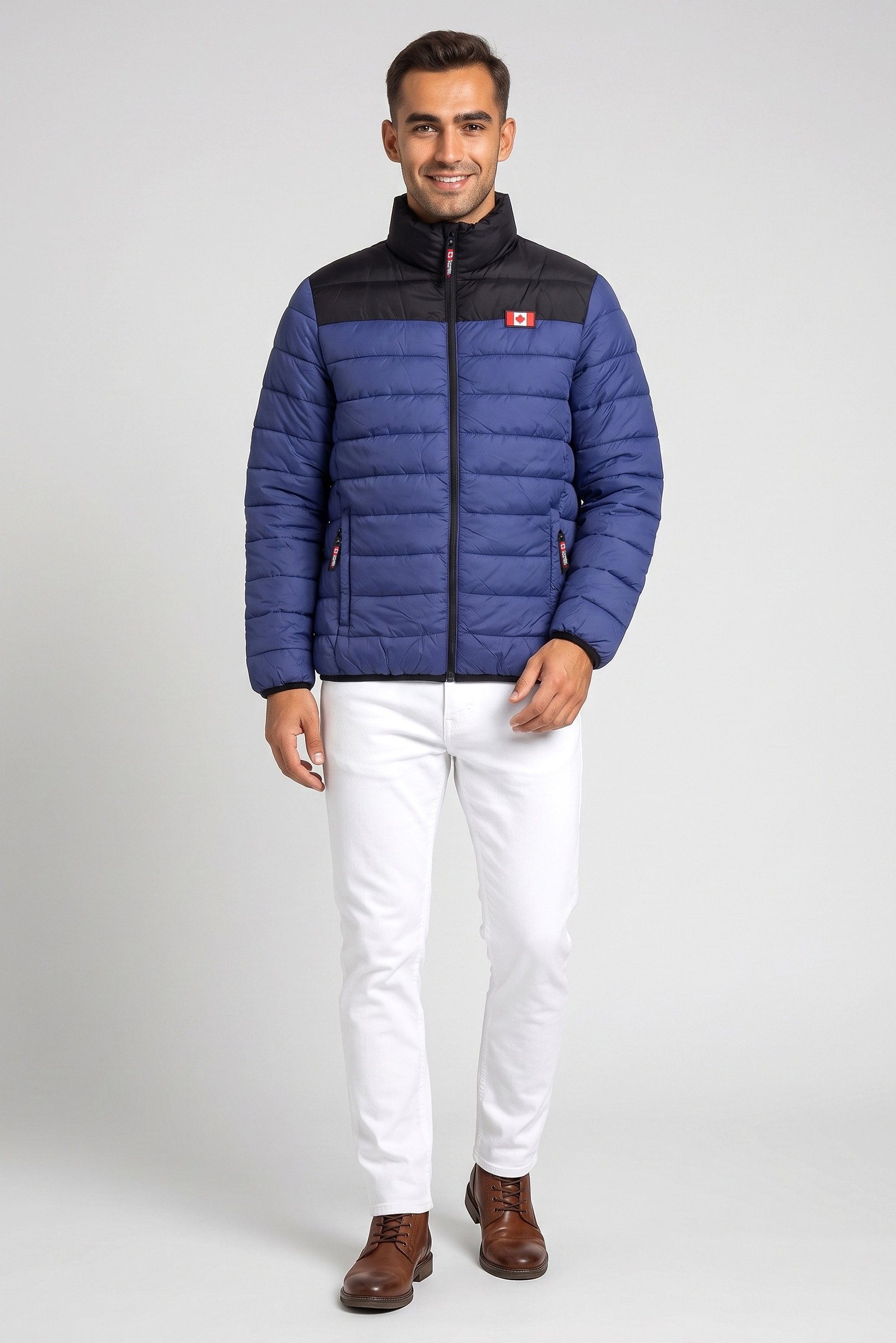 Men Brand Logo Long Sleeve Puffer Jacket, Blue