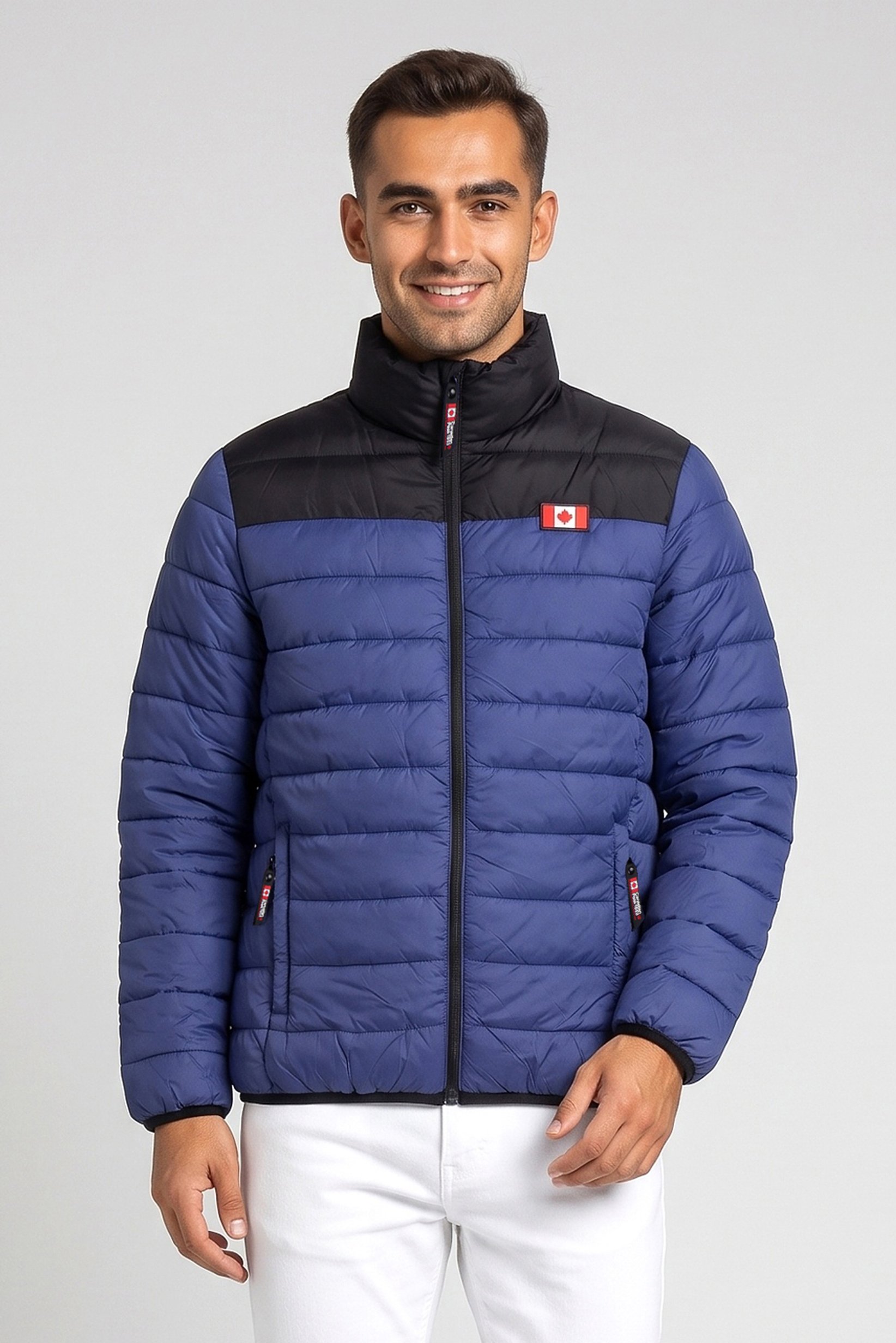 Men Brand Logo Long Sleeve Puffer Jacket, Blue