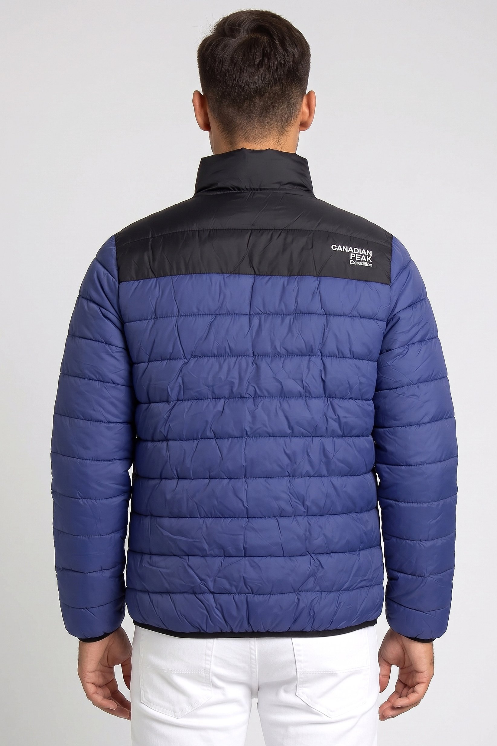 Men Brand Logo Long Sleeve Puffer Jacket, Blue