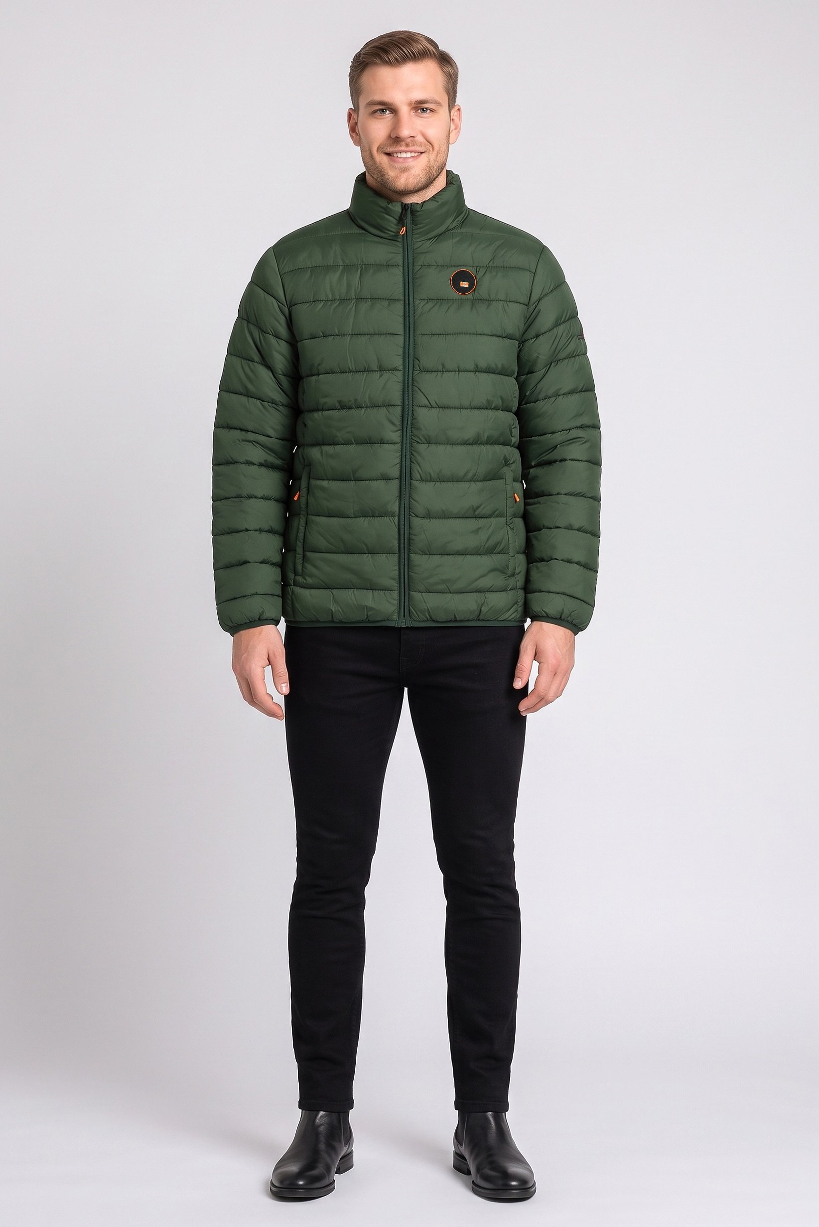Men Brand Logo Long Sleeve Puffer Jacket, Dark Green