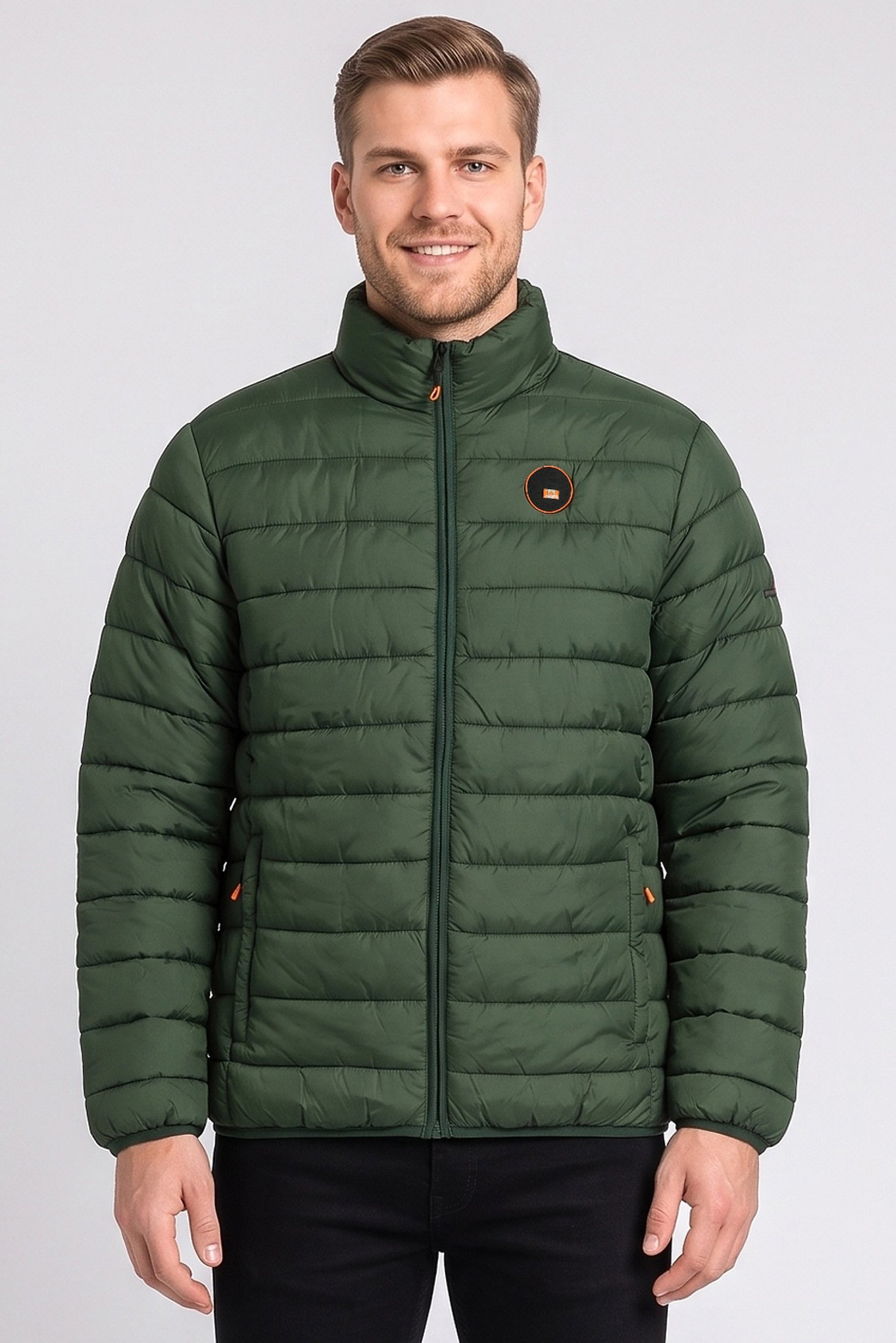 Men Brand Logo Long Sleeve Puffer Jacket, Dark Green