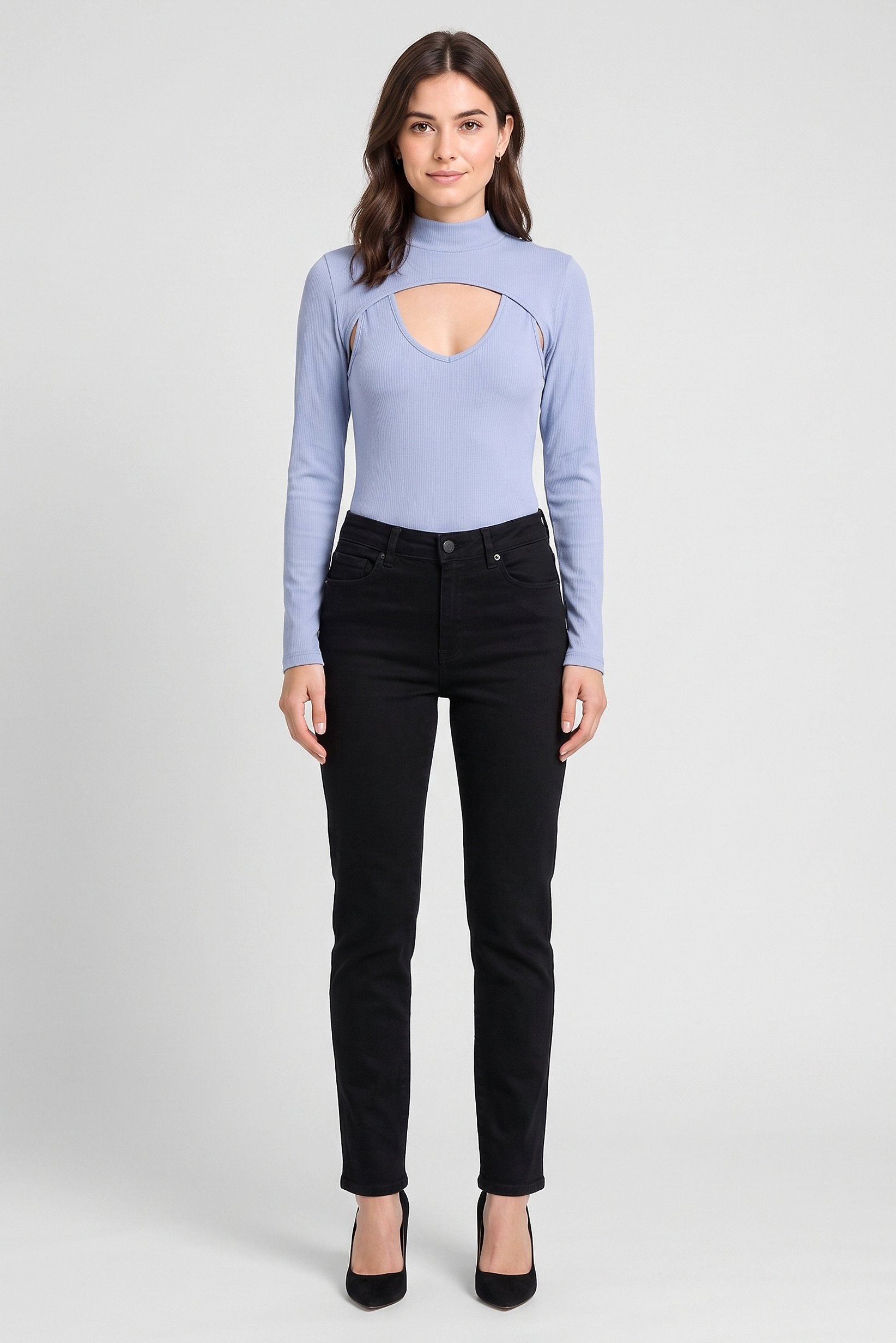 Women 2 Pieces Mock Neck Long Sleeve Ribbed Bodysuit, Dusty Blue