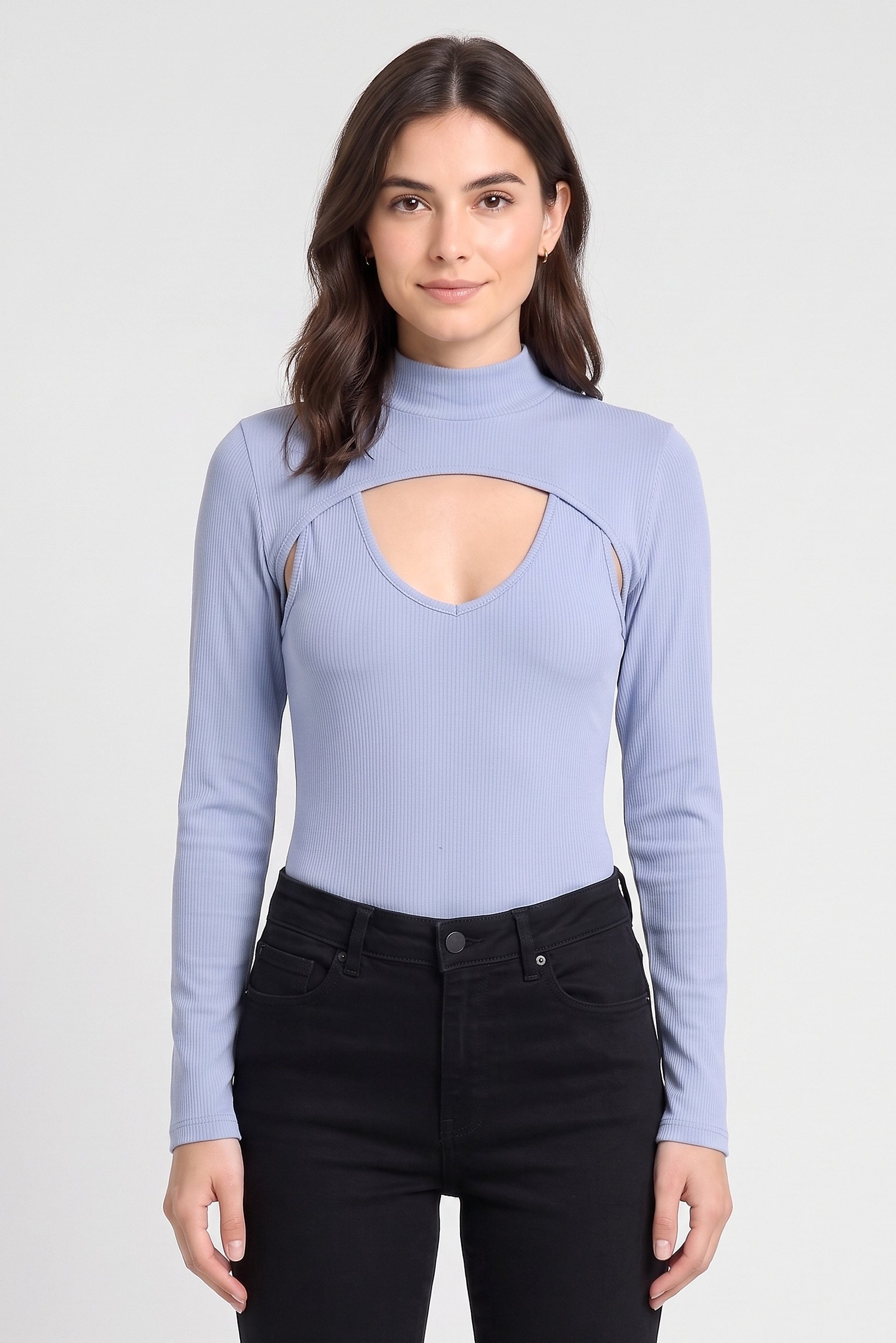 Women 2 Pieces Mock Neck Long Sleeve Ribbed Bodysuit, Dusty Blue