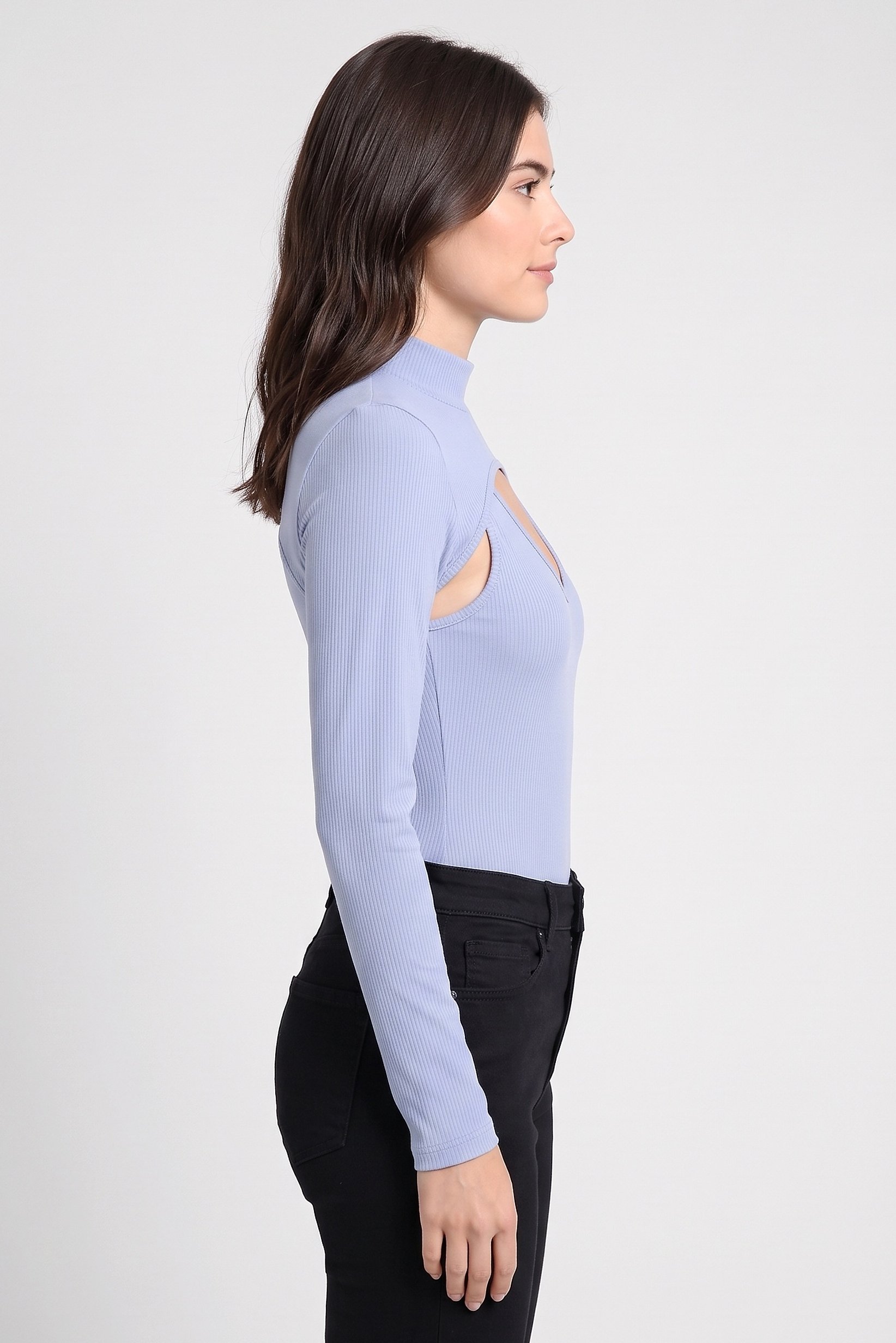 Women 2 Pieces Mock Neck Long Sleeve Ribbed Bodysuit, Dusty Blue
