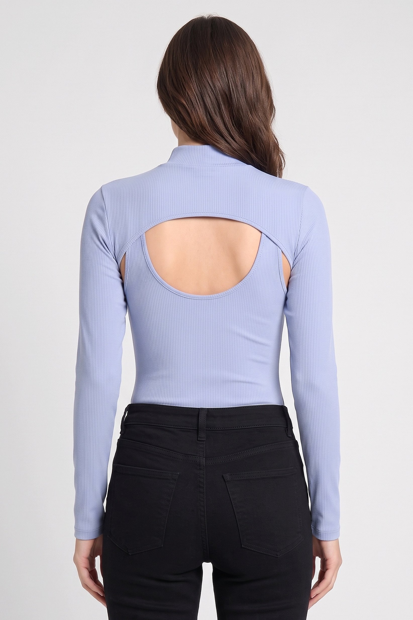 Women 2 Pieces Mock Neck Long Sleeve Ribbed Bodysuit, Dusty Blue