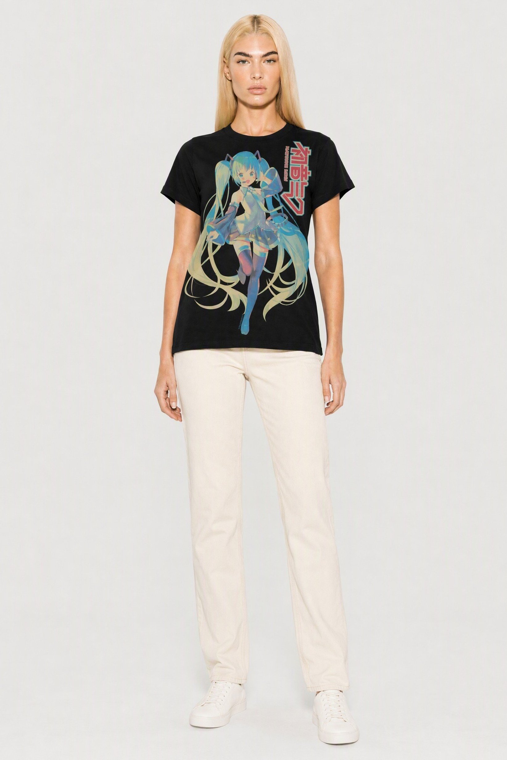 Hatsune Mike Women Crew Neck Short Sleeve Graphic Print T-Shirt, Black