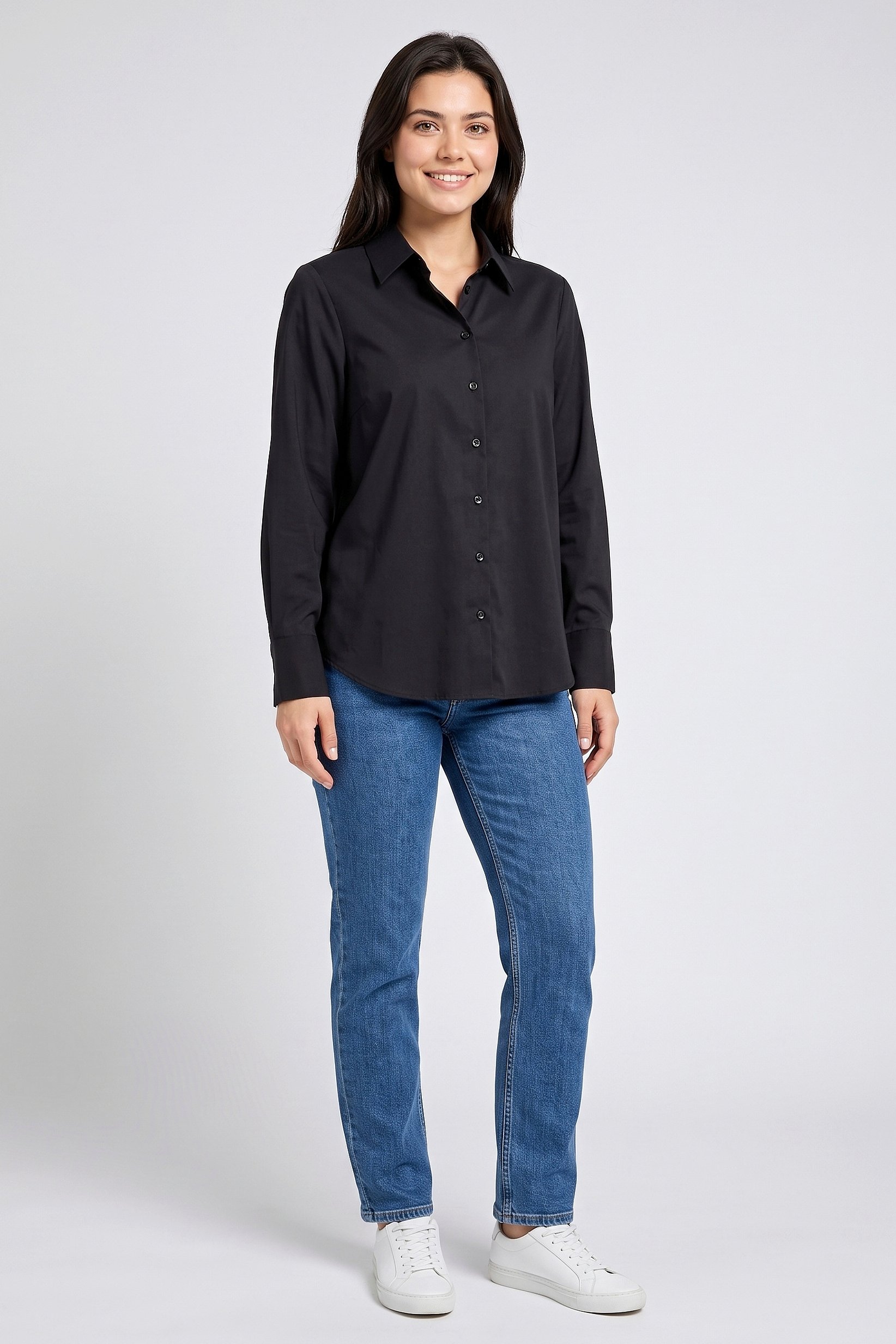 Women Spread Collar Long Sleeve Plain Shirt, Black