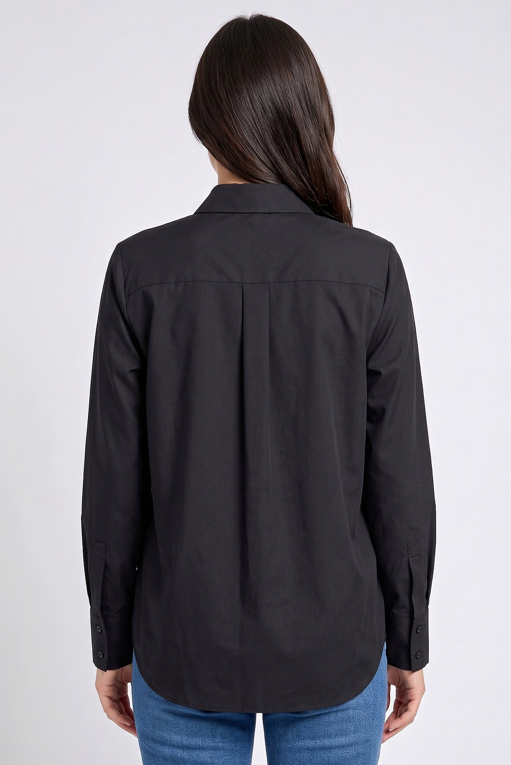 Women Spread Collar Long Sleeve Plain Shirt, Black