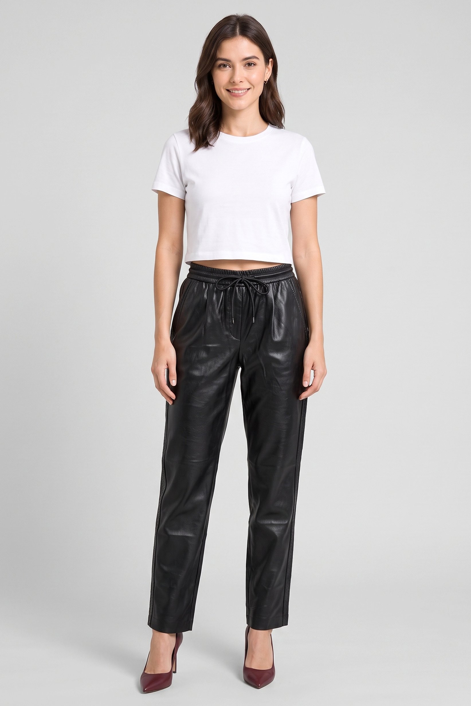 Boss Women Regular Fit Solid Leather Straight Leg Pants, Black