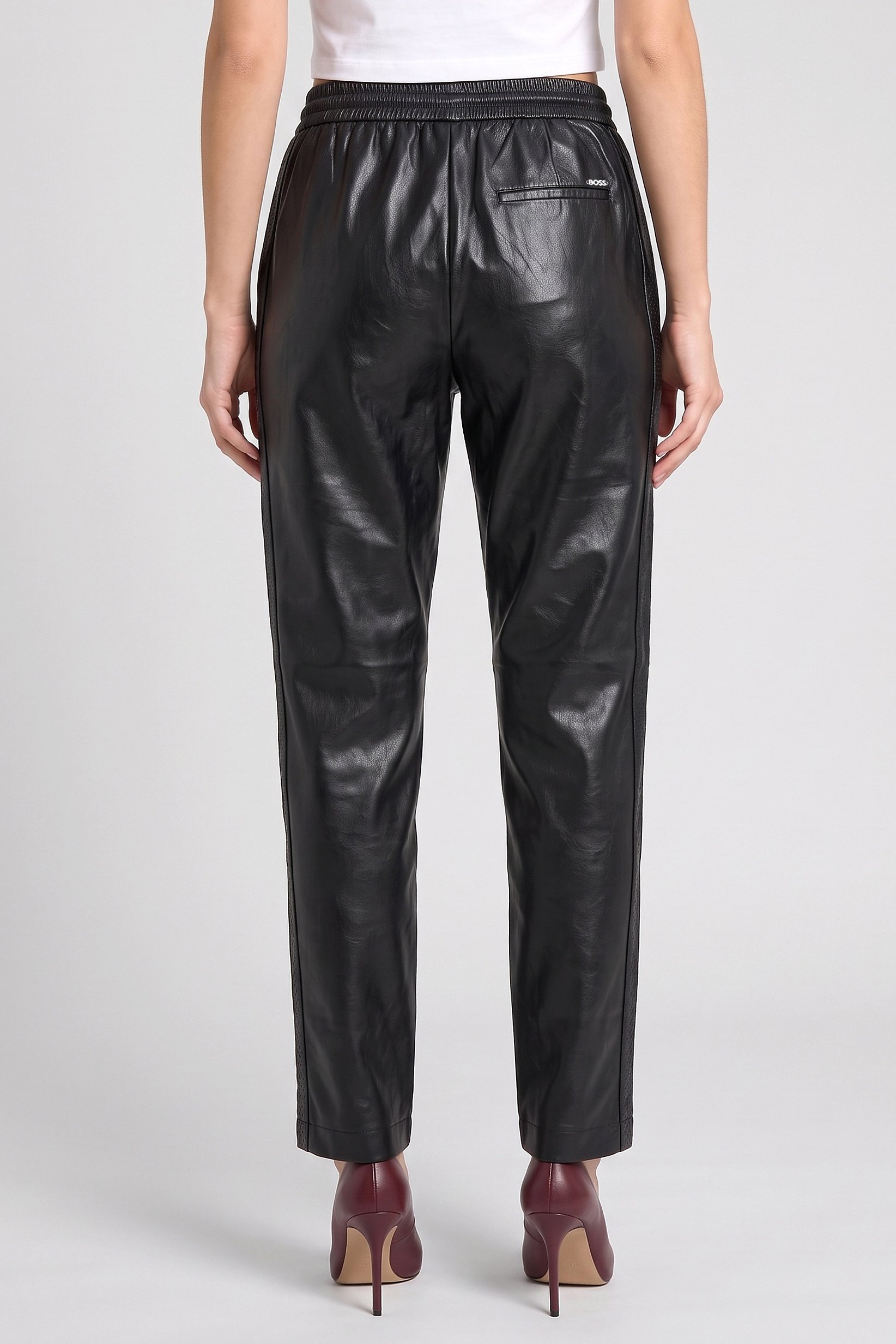 Boss Women Regular Fit Solid Leather Straight Leg Pants, Black
