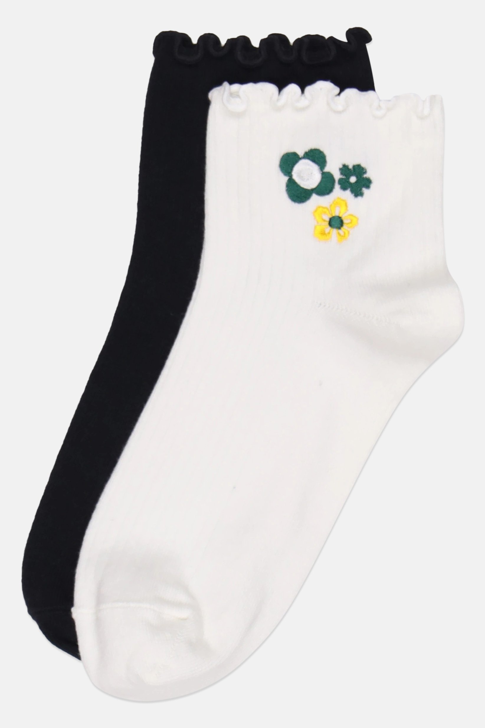 Women 2 Pairs Embroidered Ankle Socks, Multicolor