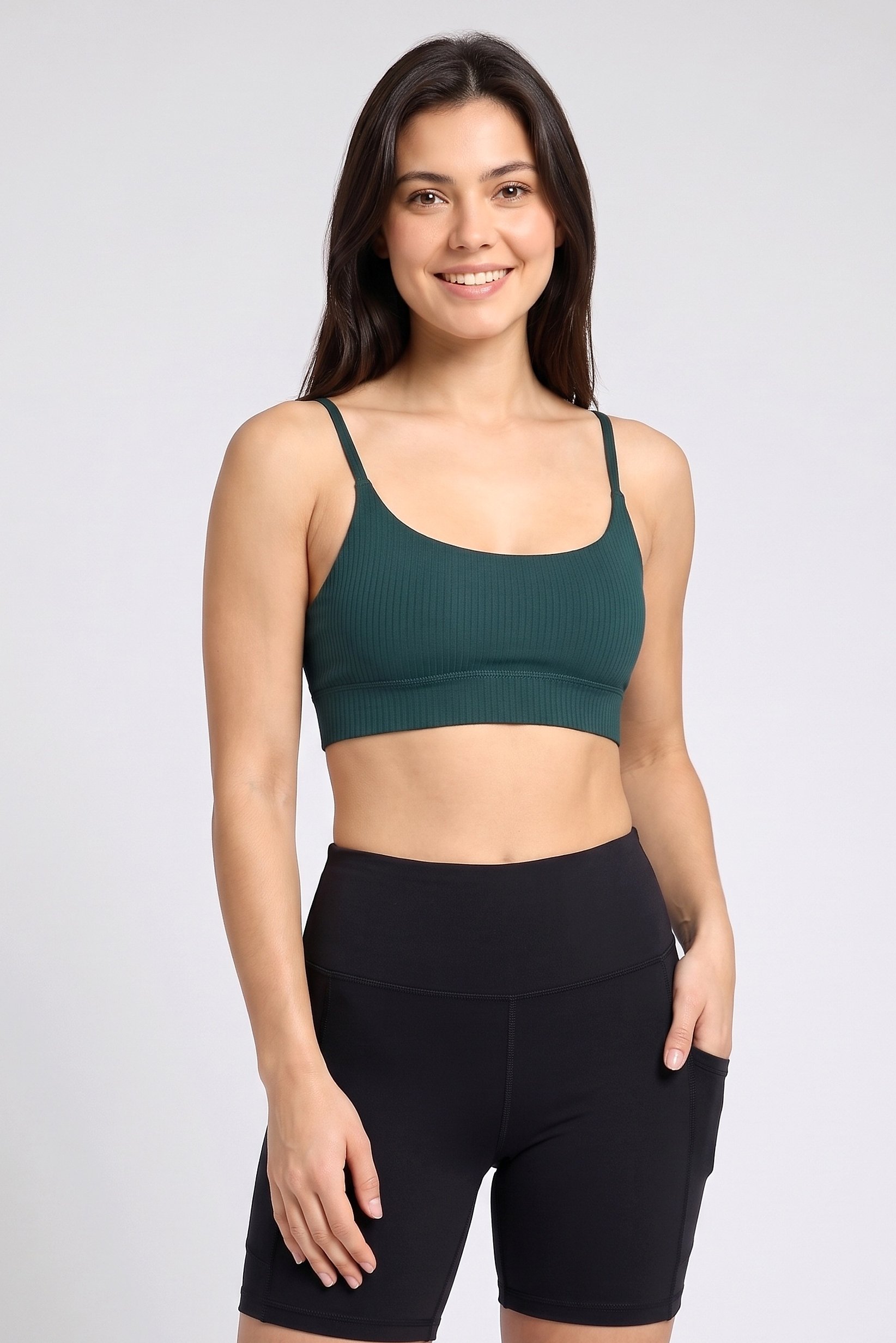 Women Padded Brand Logo Training Sports Bra, Dark Green