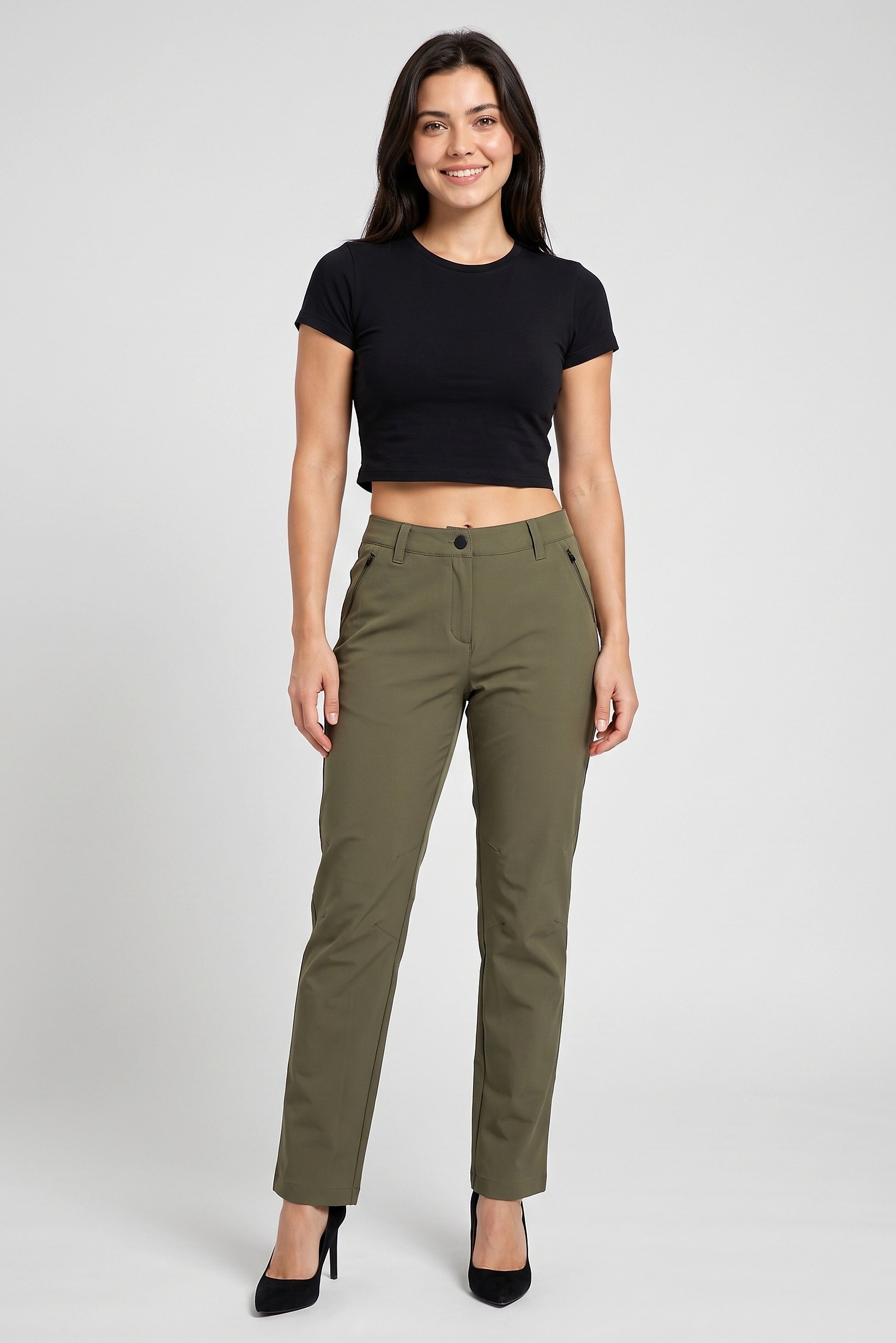 Women Regular Fit Solid Straight Leg Pants, Olive