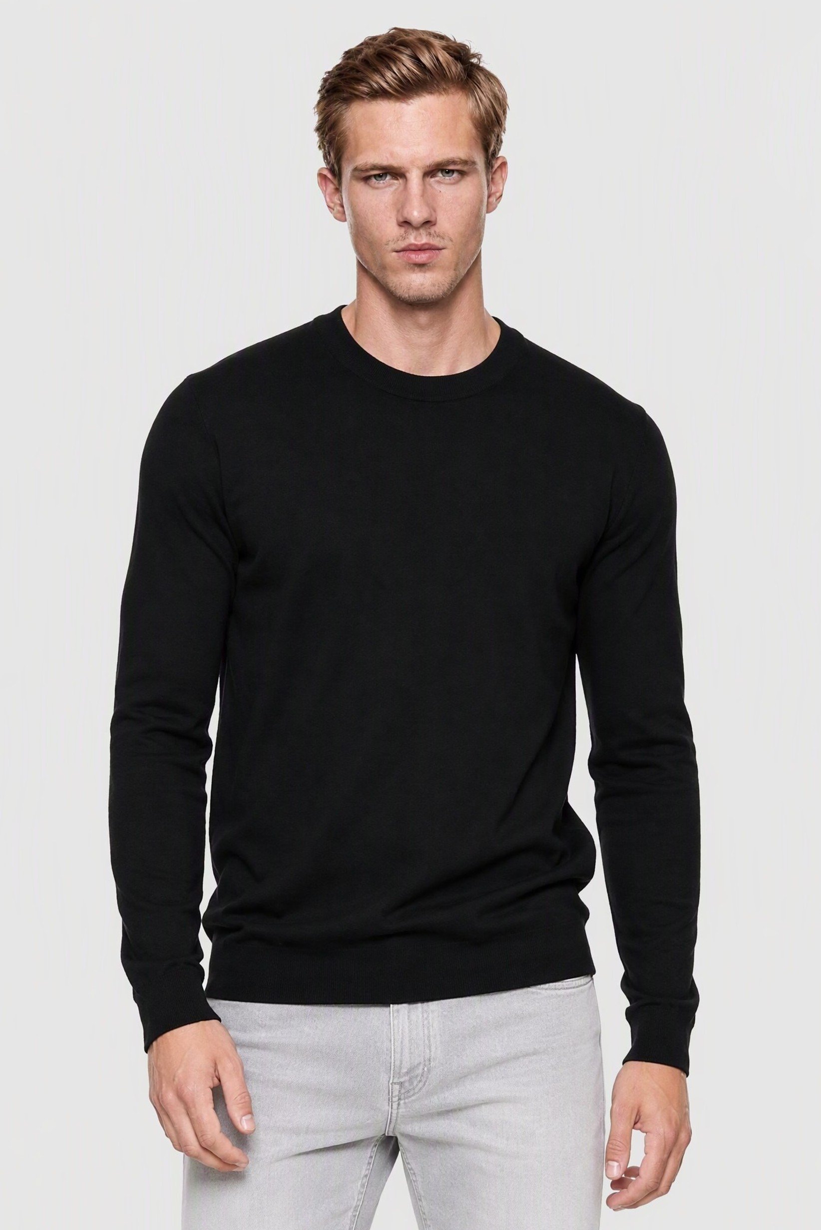 LYCRA Men Crew Neck Long Sleeve Knitted Sweater, Black