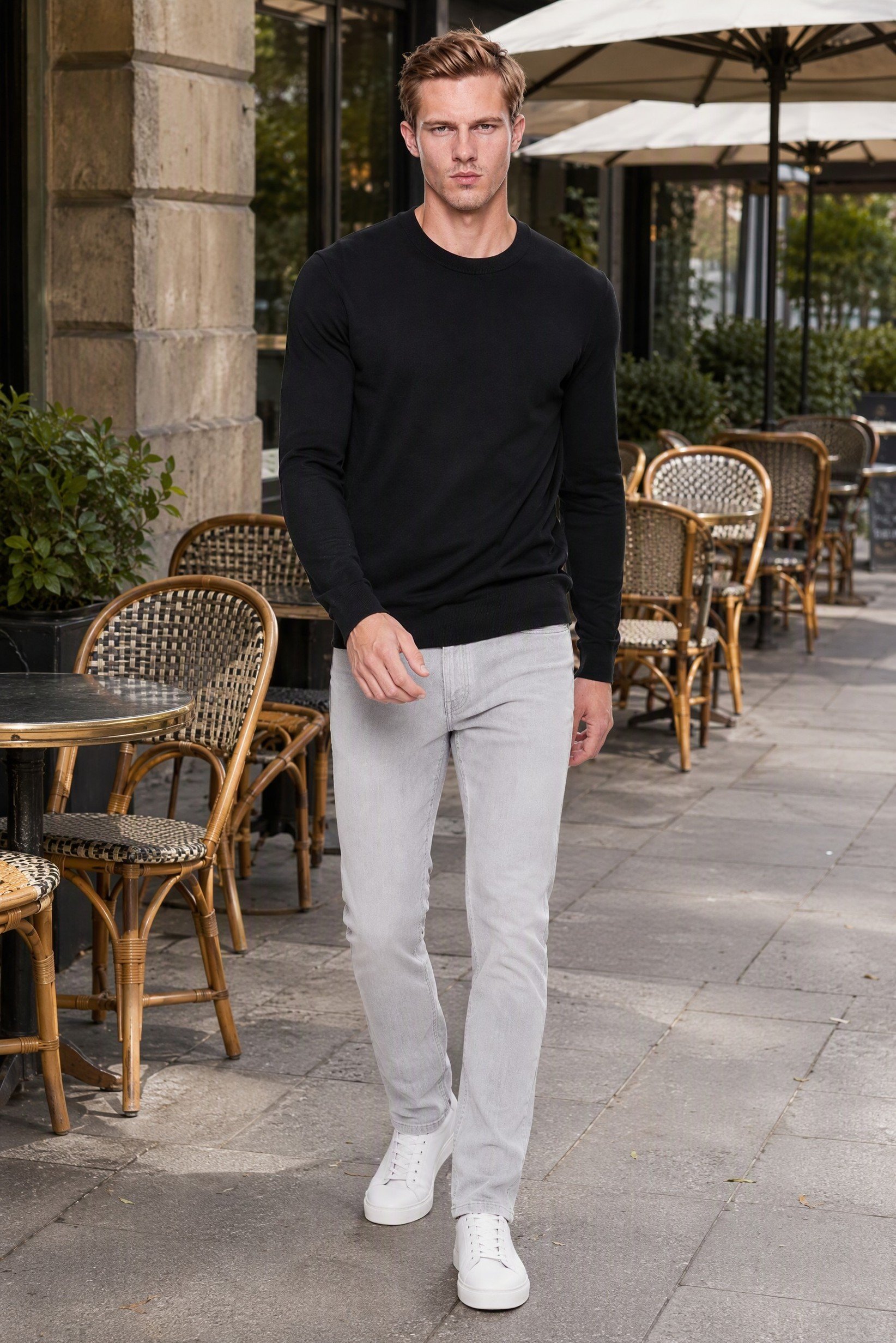 LYCRA Men Crew Neck Long Sleeve Knitted Sweater, Black