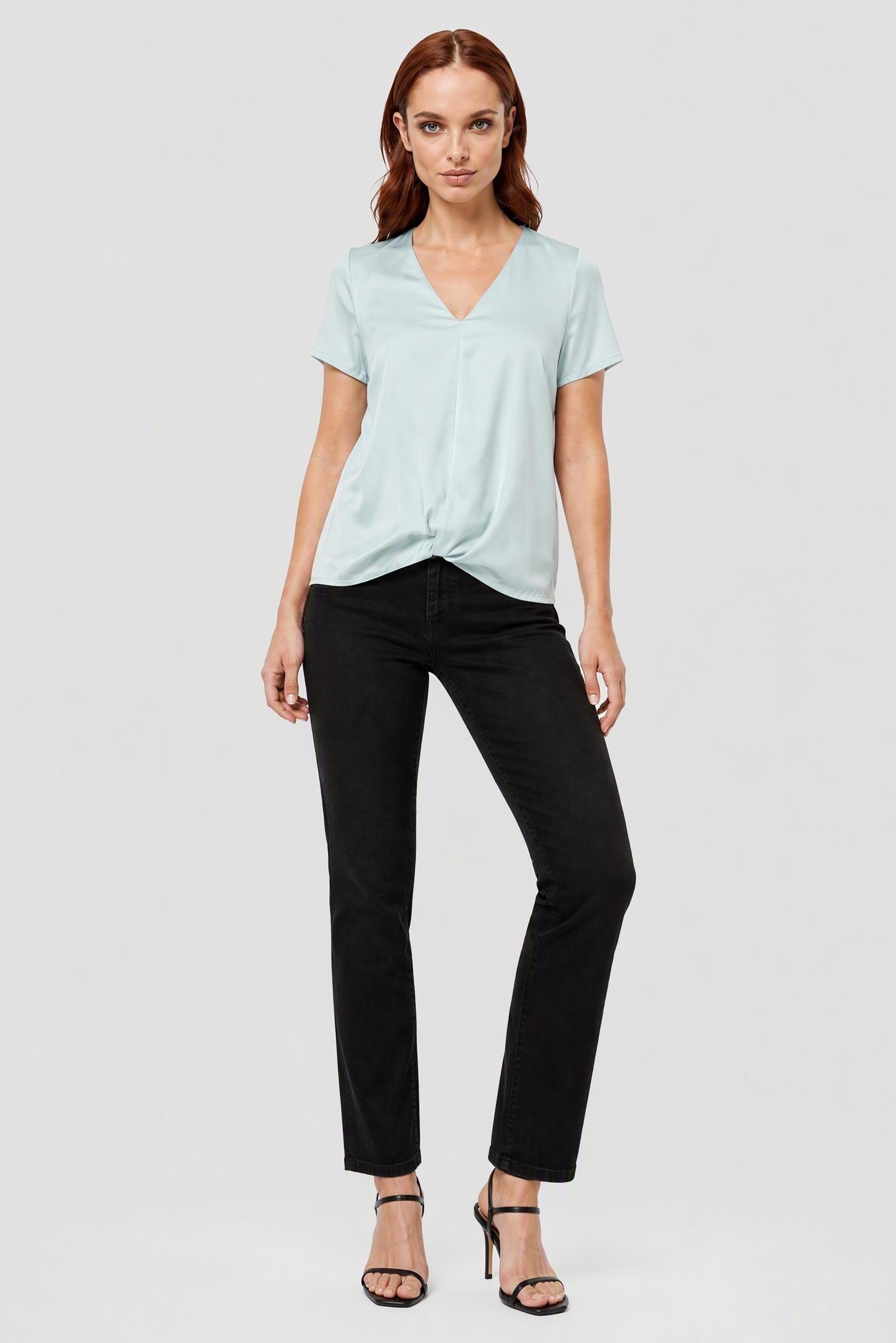 Find x Amazon Women V-Neck Solid Short Sleeve Top, Aqua Green
