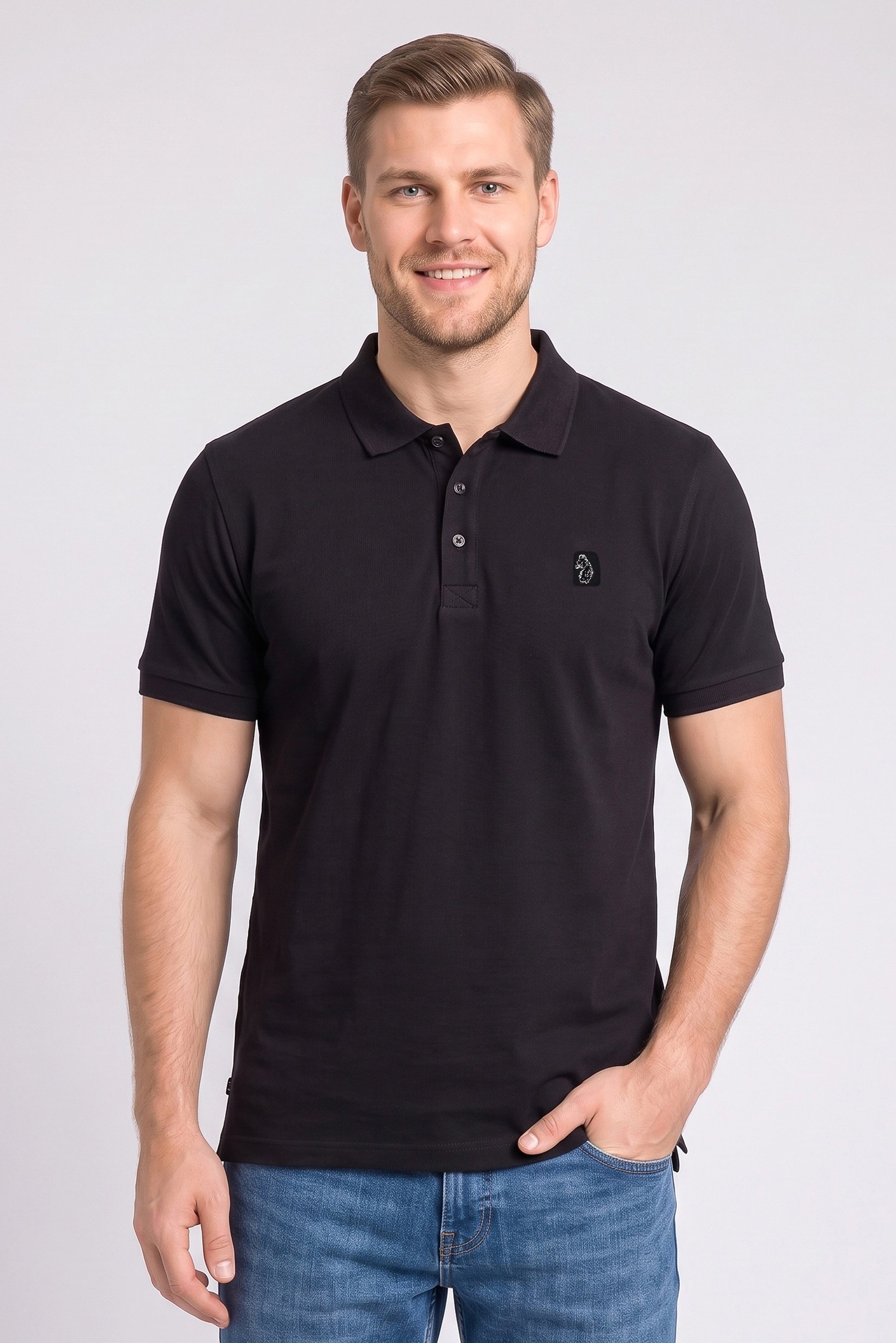 Men Regular Fit Textured Short Sleeve Polo, Black