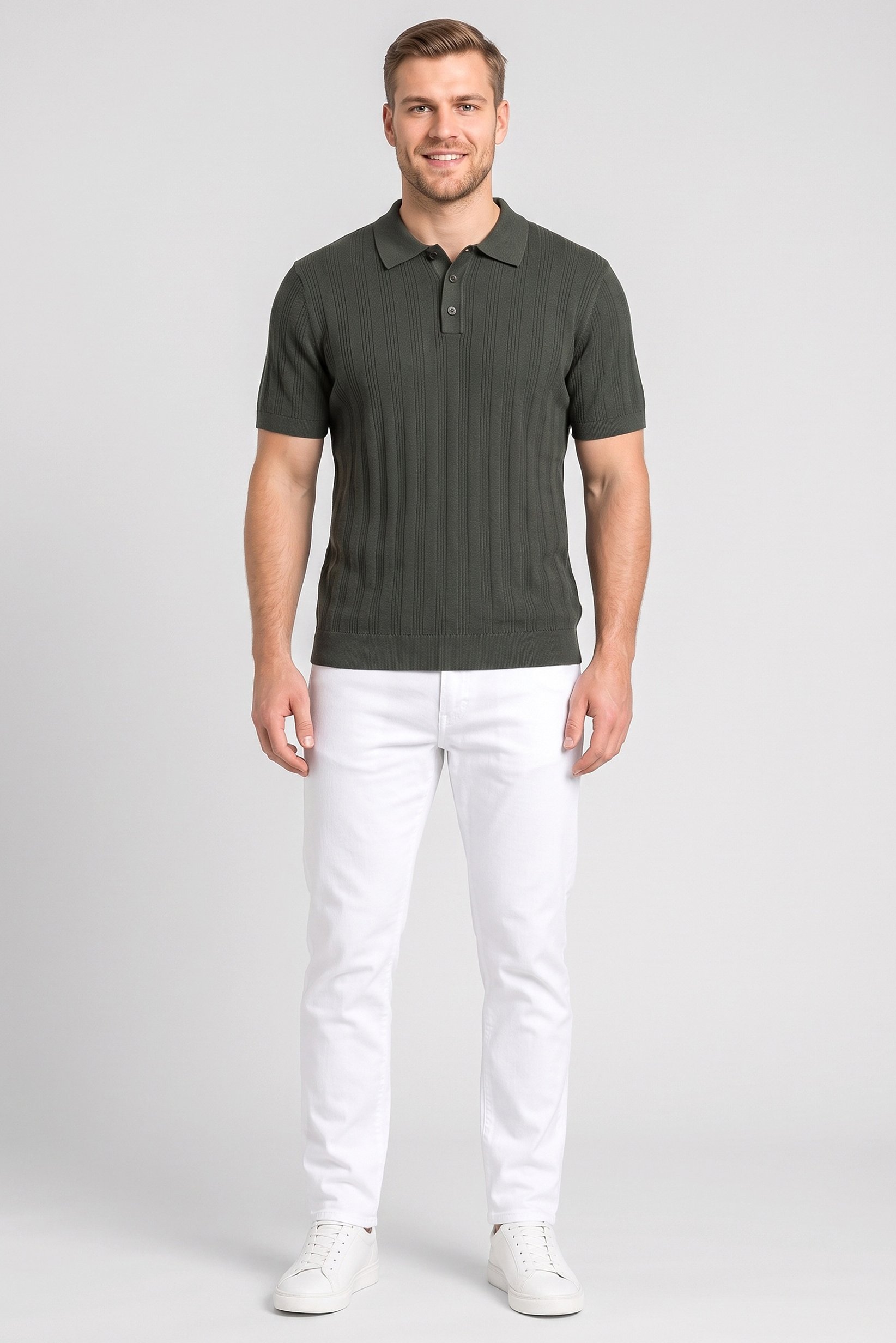Men Regular Fit Textured Short Sleeve Polo Shirt, Green
