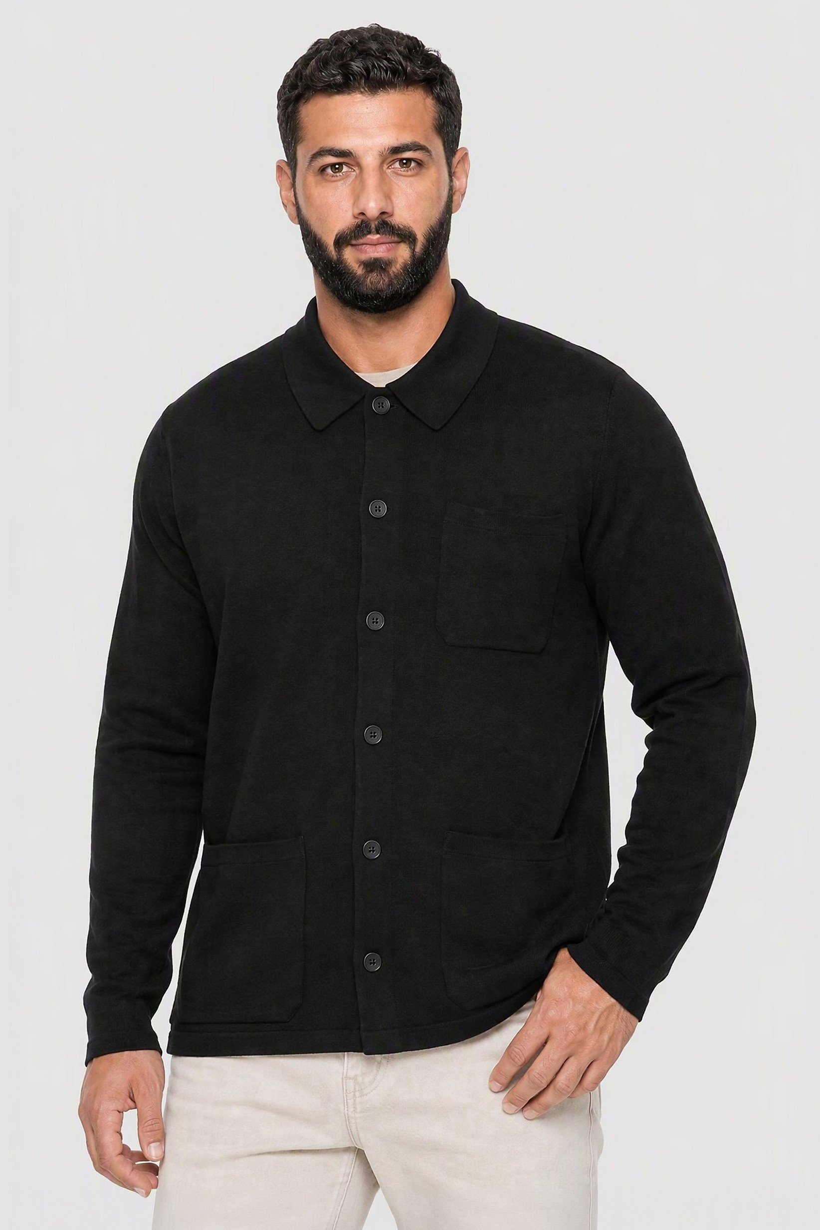 Men Spread Neck Cardigan, Black