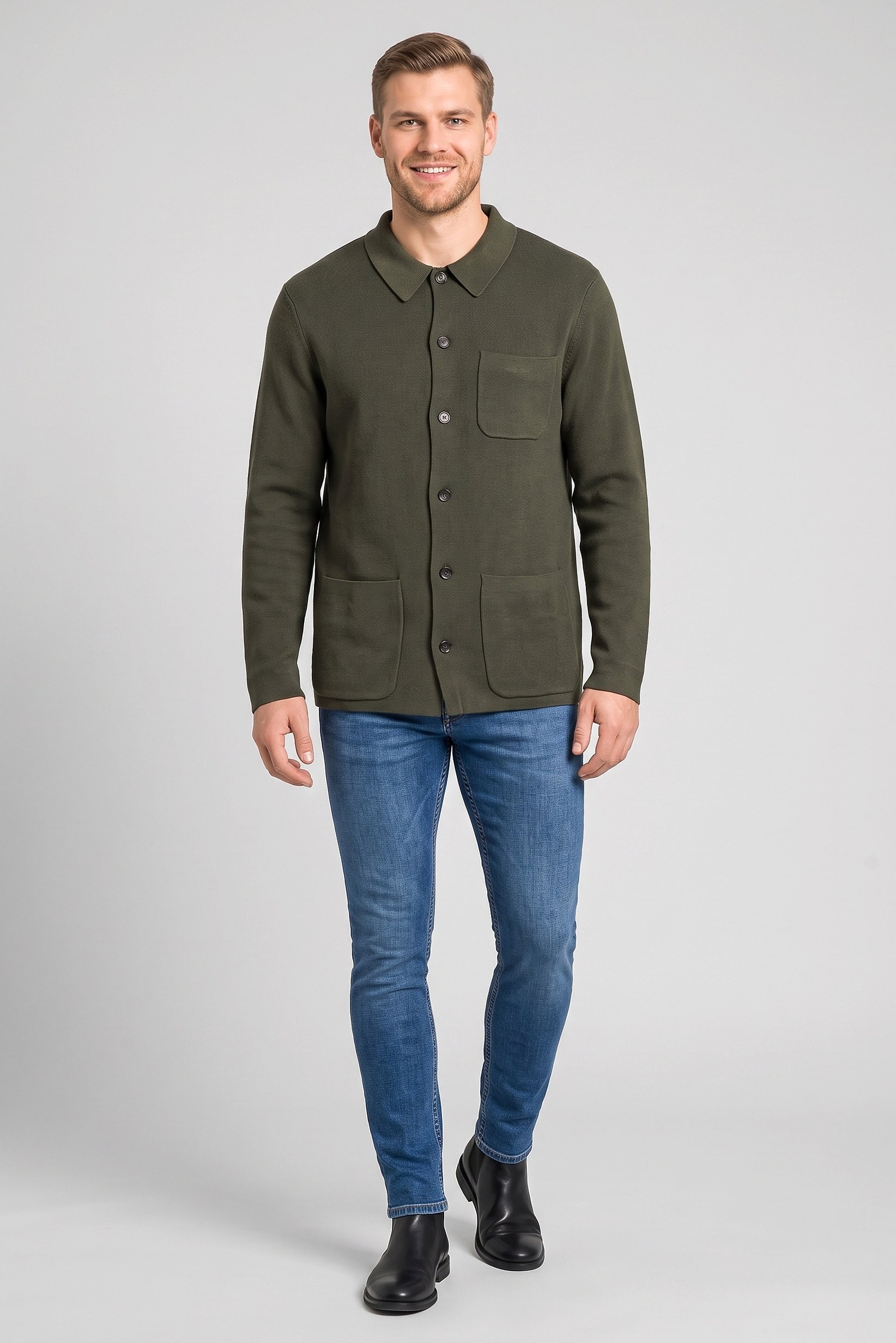 Men Spread Neck Knitted Cardigan, Green