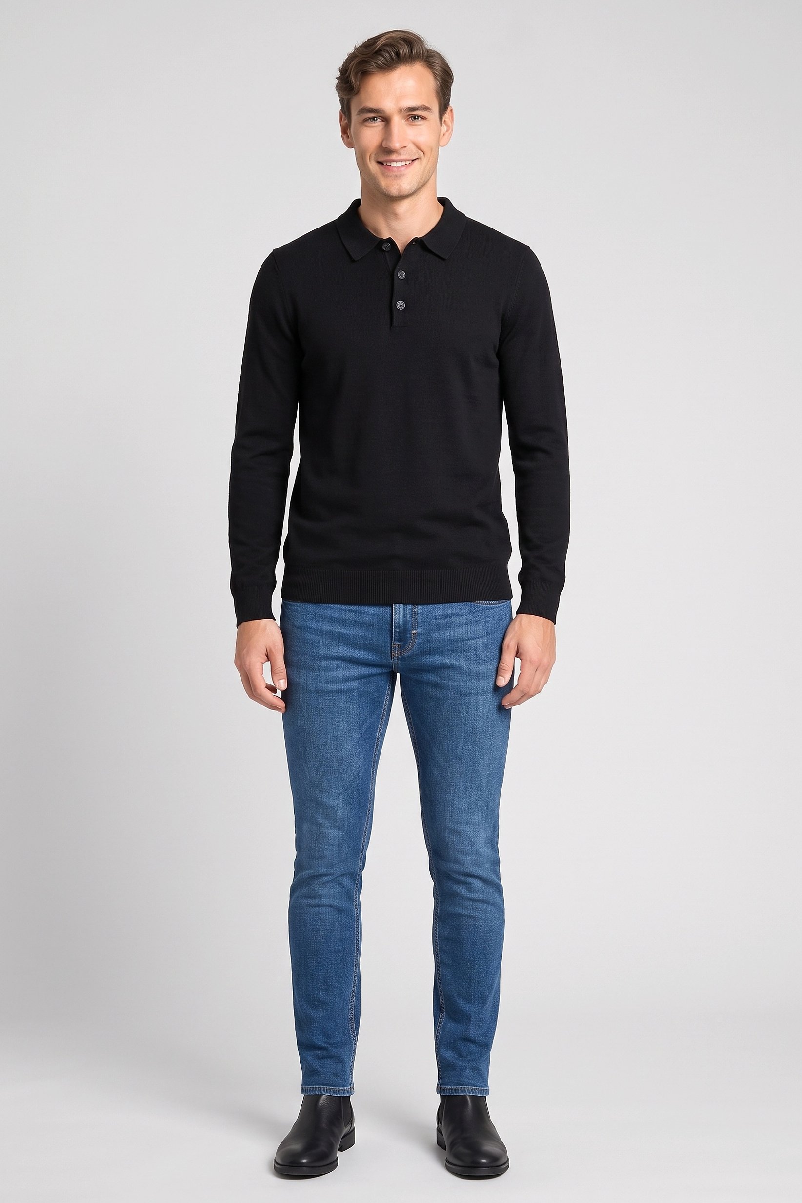 Men Spread Collar Long Sleeve Knitted Polo Shirt, Black