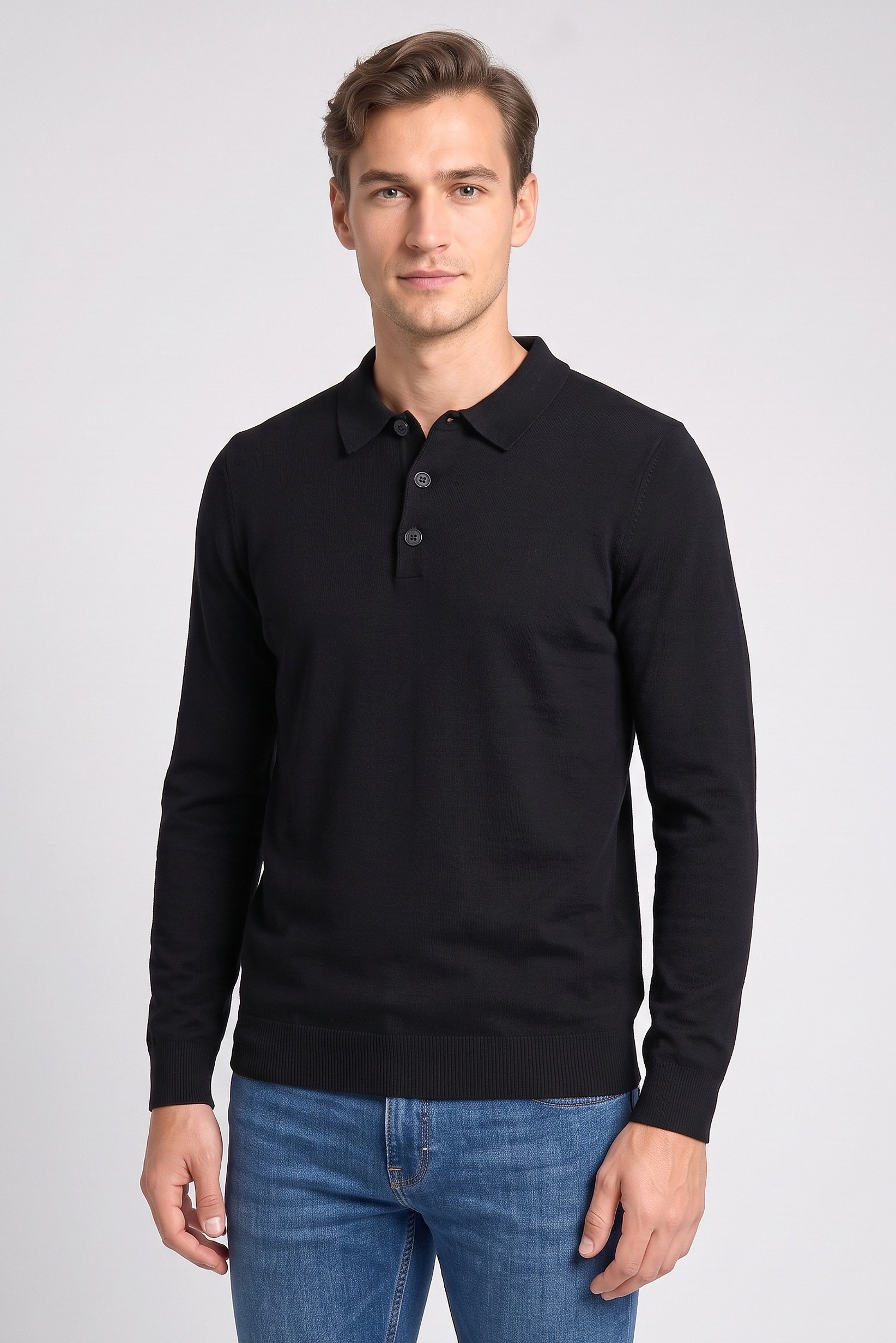 Men Spread Collar Long Sleeve Knitted Polo Shirt, Black