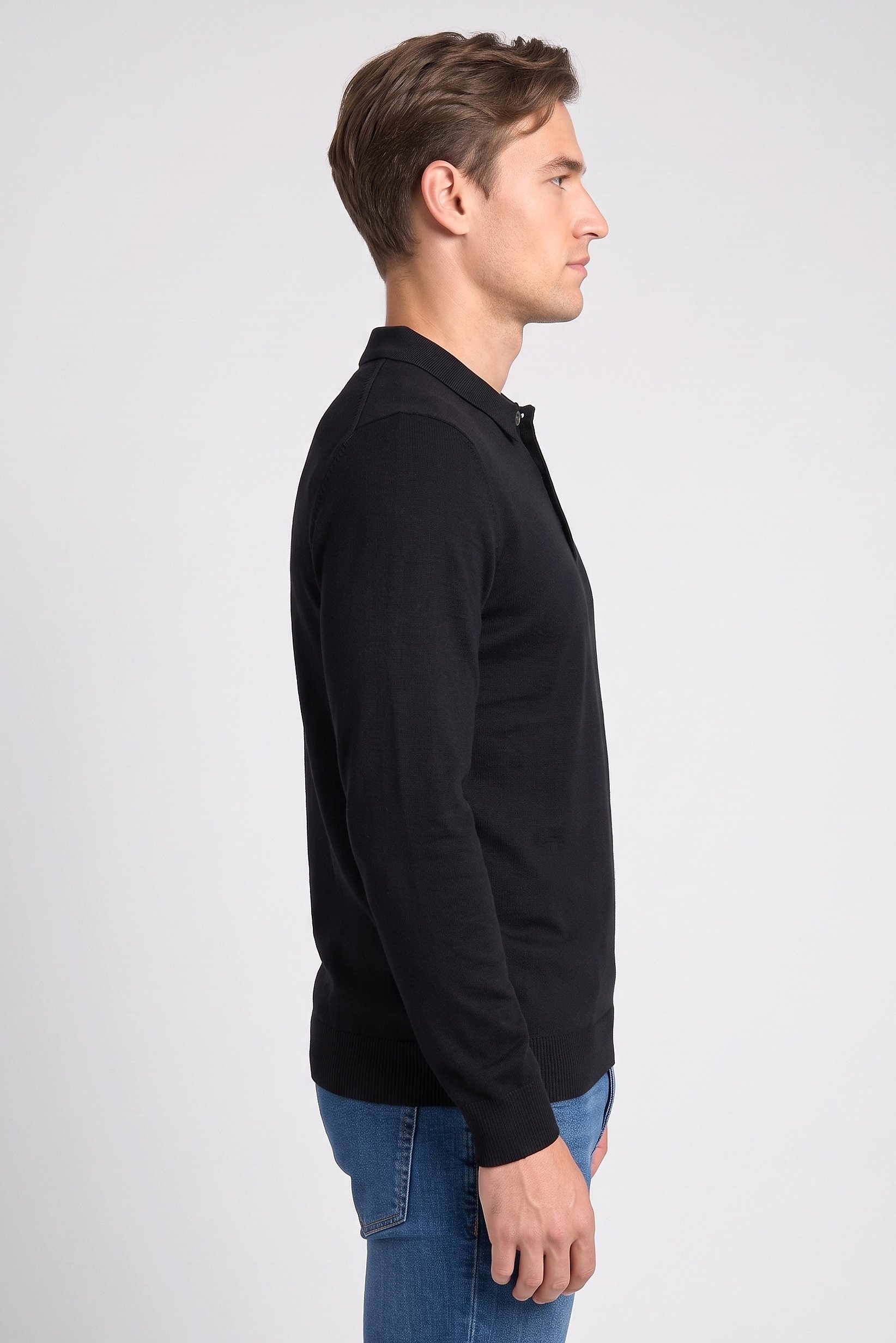 Men Spread Collar Long Sleeve Knitted Polo Shirt, Black